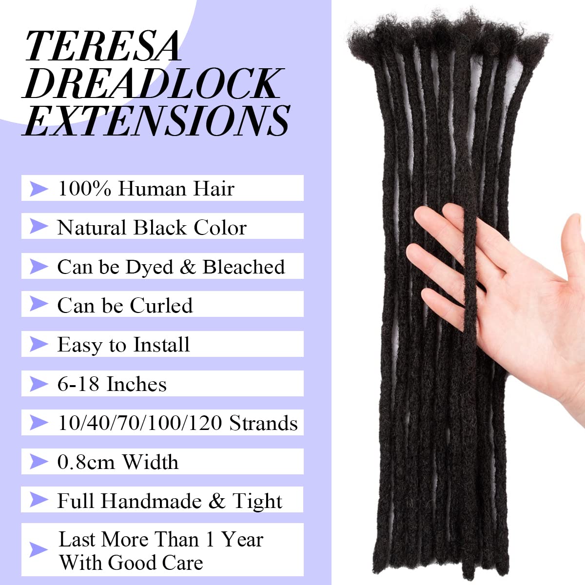 Teresa Medium 0.8cm & Small 0.4cm Width 12 Inch 70 Strands 100% Human Hair Dreadlock Extensions for Men/Women/Kids 0.8cm Width F