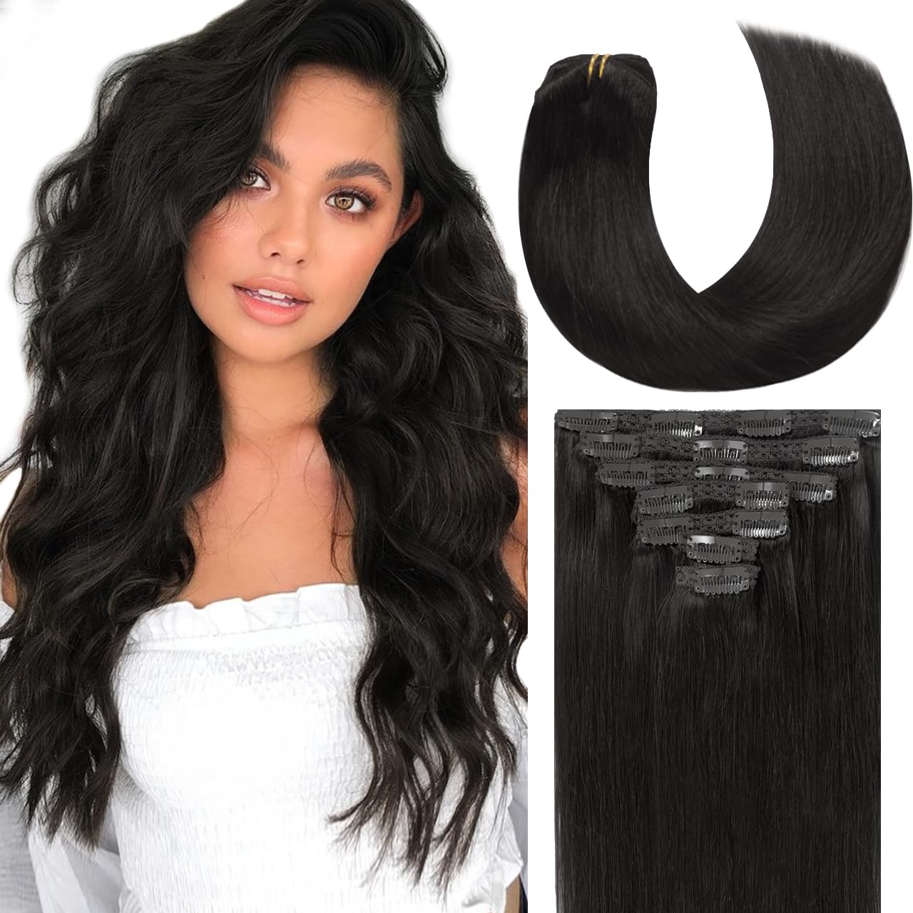 Lacer Thick Hair Extensions Clip in Human Hair Full Head Silky Straight Natural Black Clip in Hair Extensions 120g 7pcs 14 Inch