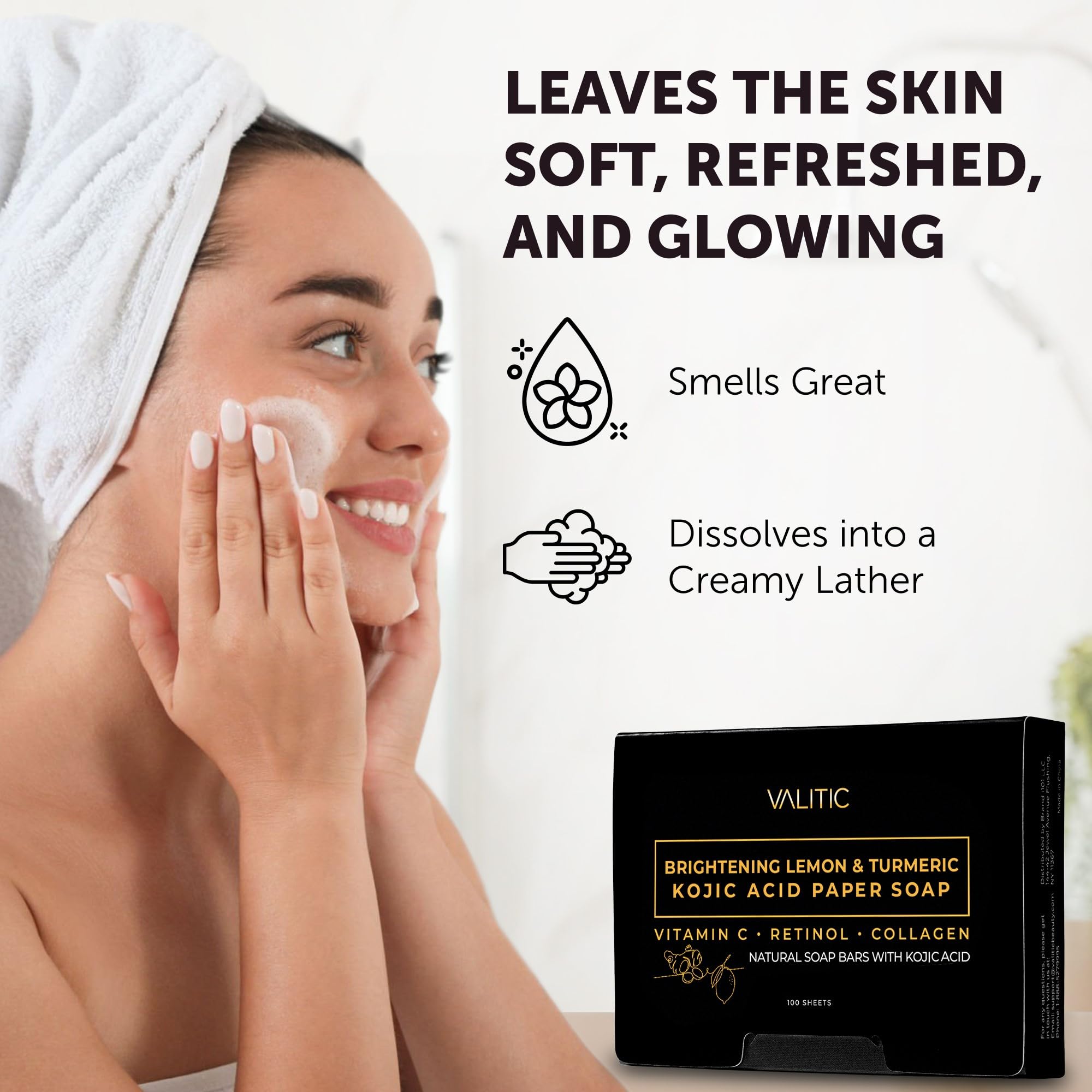 VALITIC Brightening Lemon Turmeric Kojic Acid Paper Soap - Vitamin C, Retinol, Collagen - Original Japanese Complex - Hyaluronic