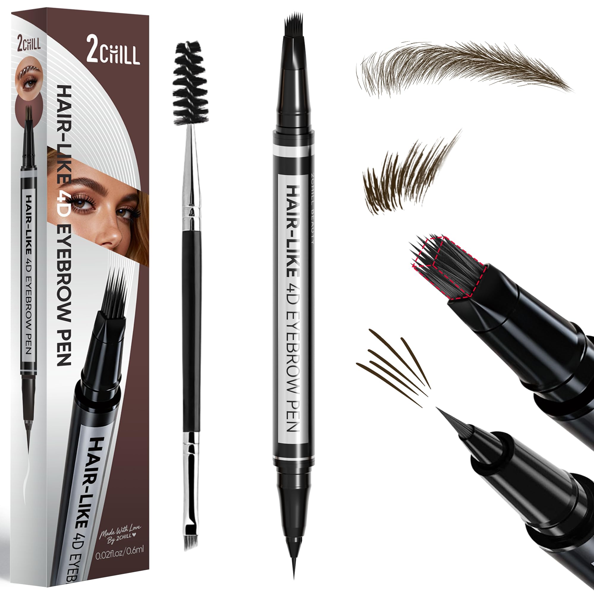 2Pack Microblading Eyebrow Pen, Eyebrow Pencils Magical 2in1 DualEnded Eye Brow Pencils for Women with 4D Square BrushTip &