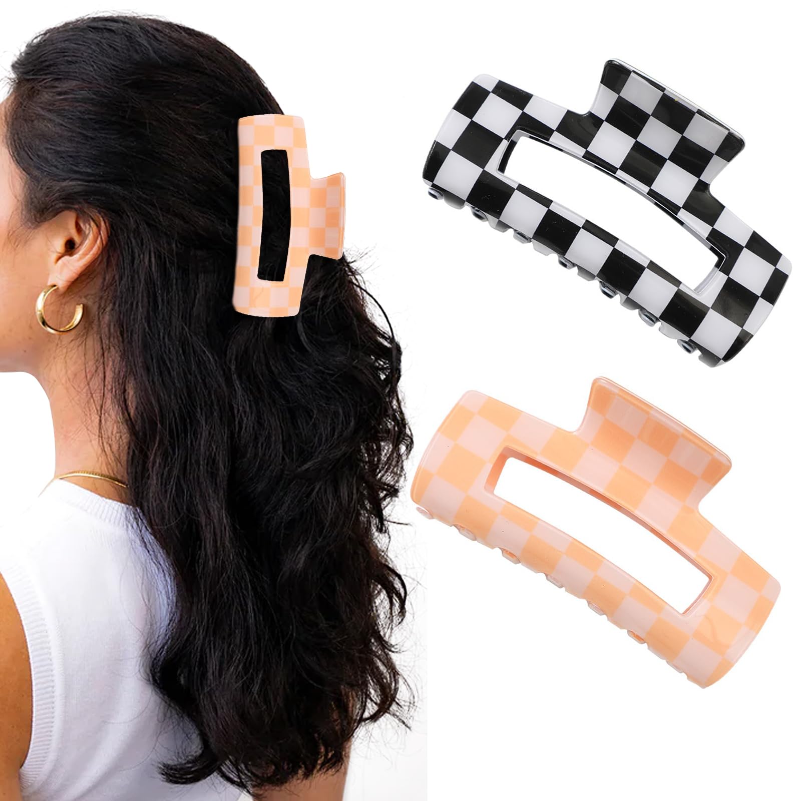 Paderison 2Pcs Checkered Rectangle Multicolored Claw Barrettes - Strong Hold Y2K Hair Accessories for Thin and Thick Hair (Orang