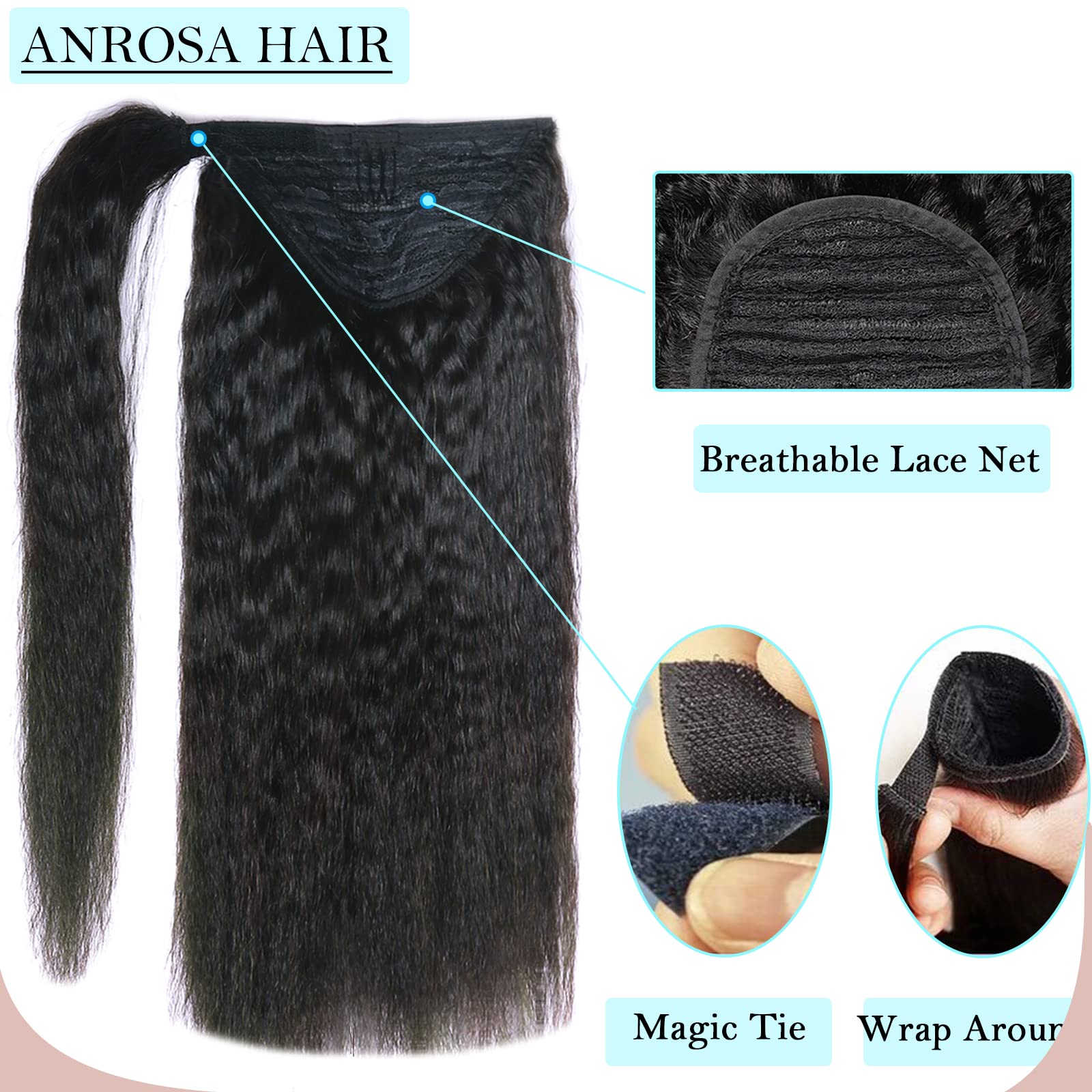 Anrosa #1B Natural Black Ponytail Extension Human Hair Ponytail Extension Hair Wrap Around 100% Remy Human Hair Straight Ponytai