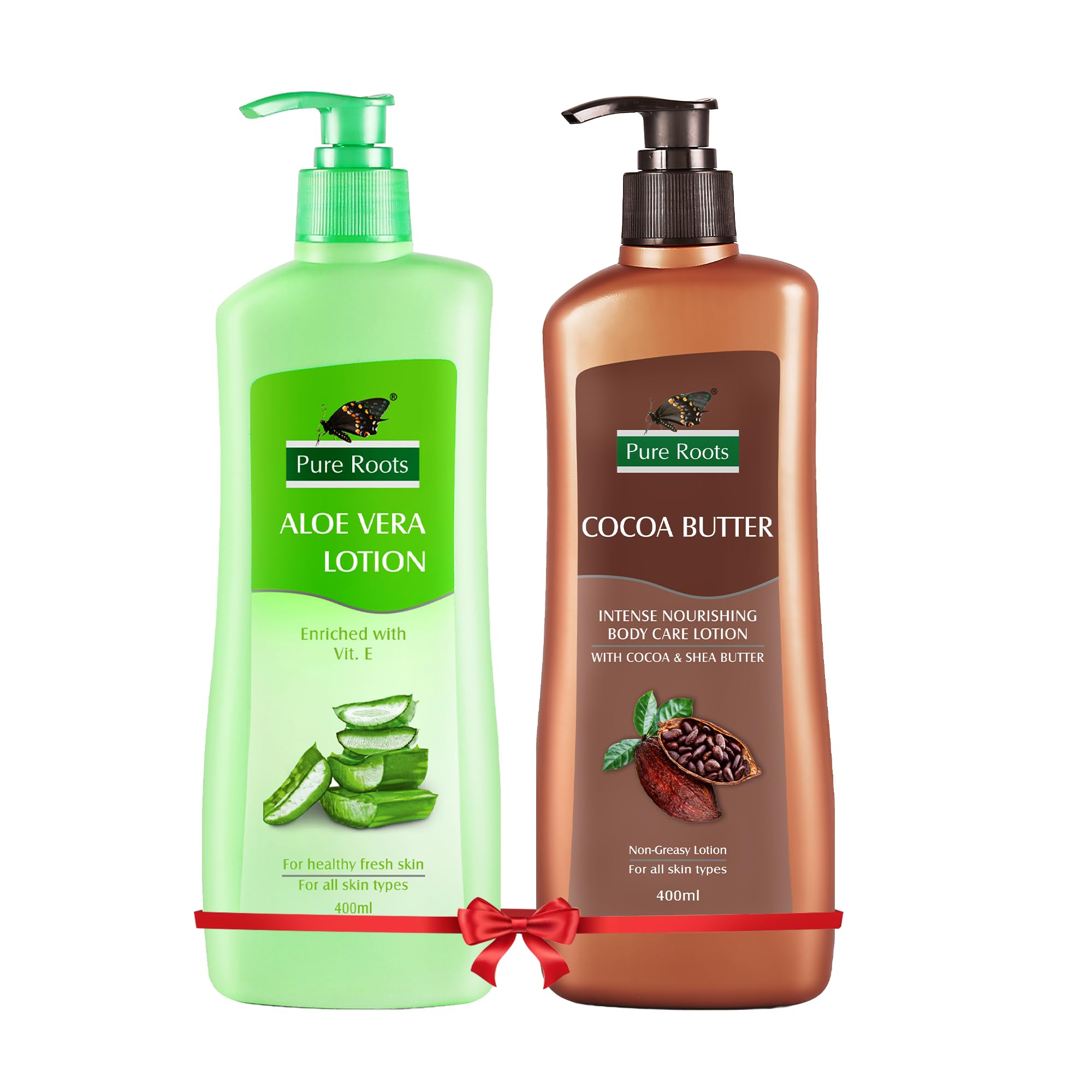Pure Roots 400Ml Each Aloe Vera & Cocoa Butter Body Lotion Combo Pack Of 2 | Nourishing & Hydrating For Men & Women | Fast Absor