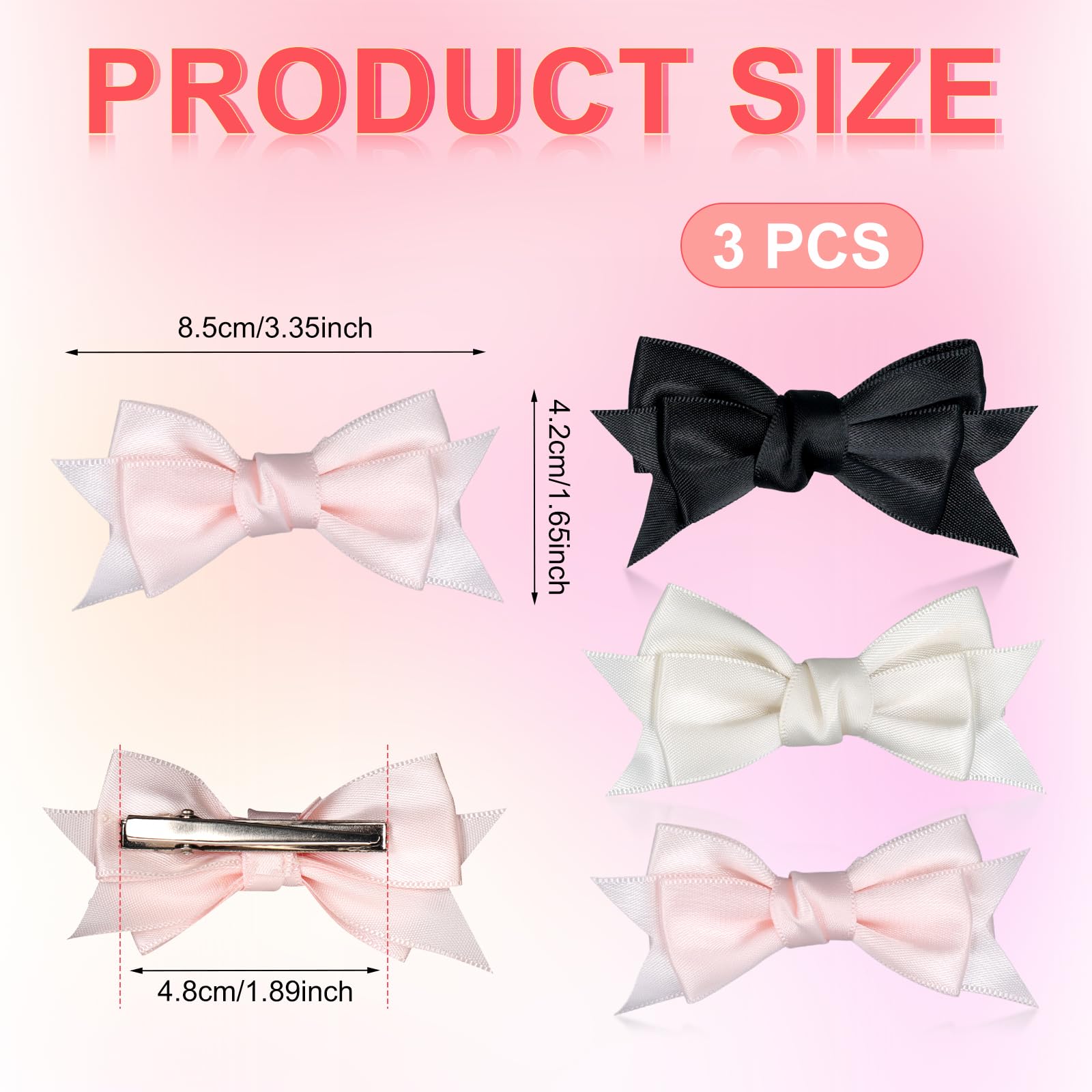 3Pcs Bow Knot Hair Clips, Black Pink Off White Bow Tie Barrettes Smooth Satin Kawaii Ribbon Clips Multi-Layer Design Bow Clips H