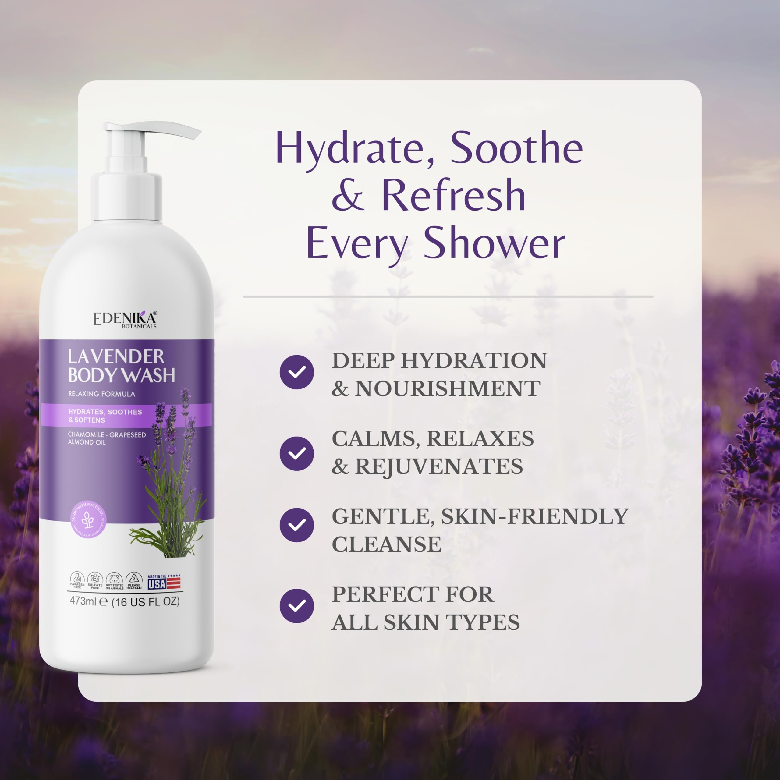 EDENIKA BOTANICALS Fresh Lavender Body Wash with Chamomile, Helps You Feel Calm and Relaxed, Stress Relief Shower Gel, Natural B