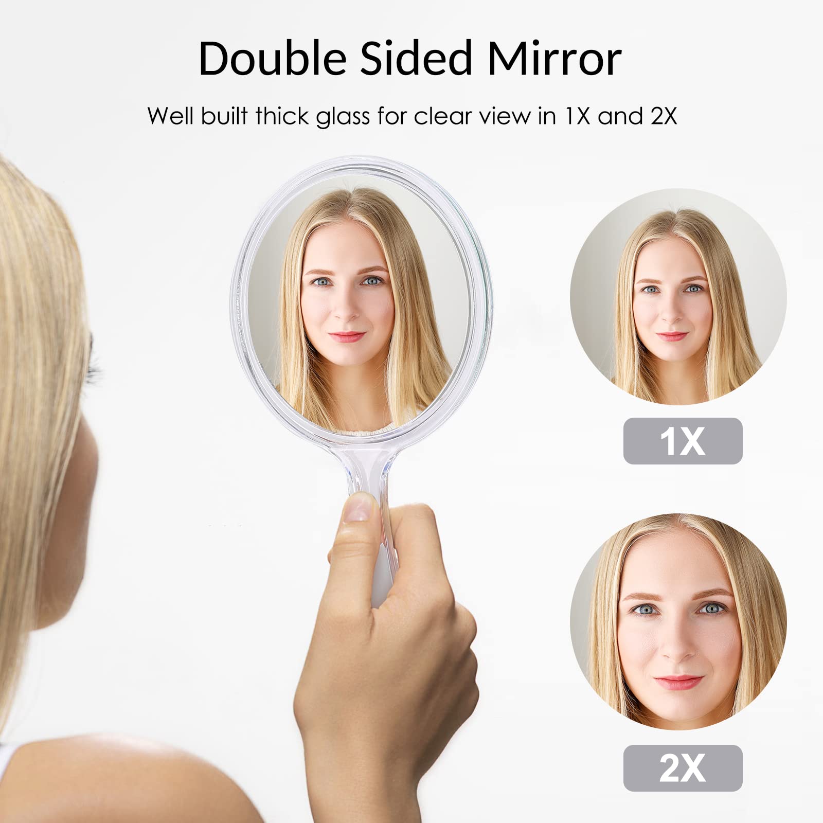 D Handheld Mirror With Handle, Hand Mirror Small Doule Sided Magnifying Mirror 1X 2X, Handle Makeup Mirror, Acrylic Handheld Mir