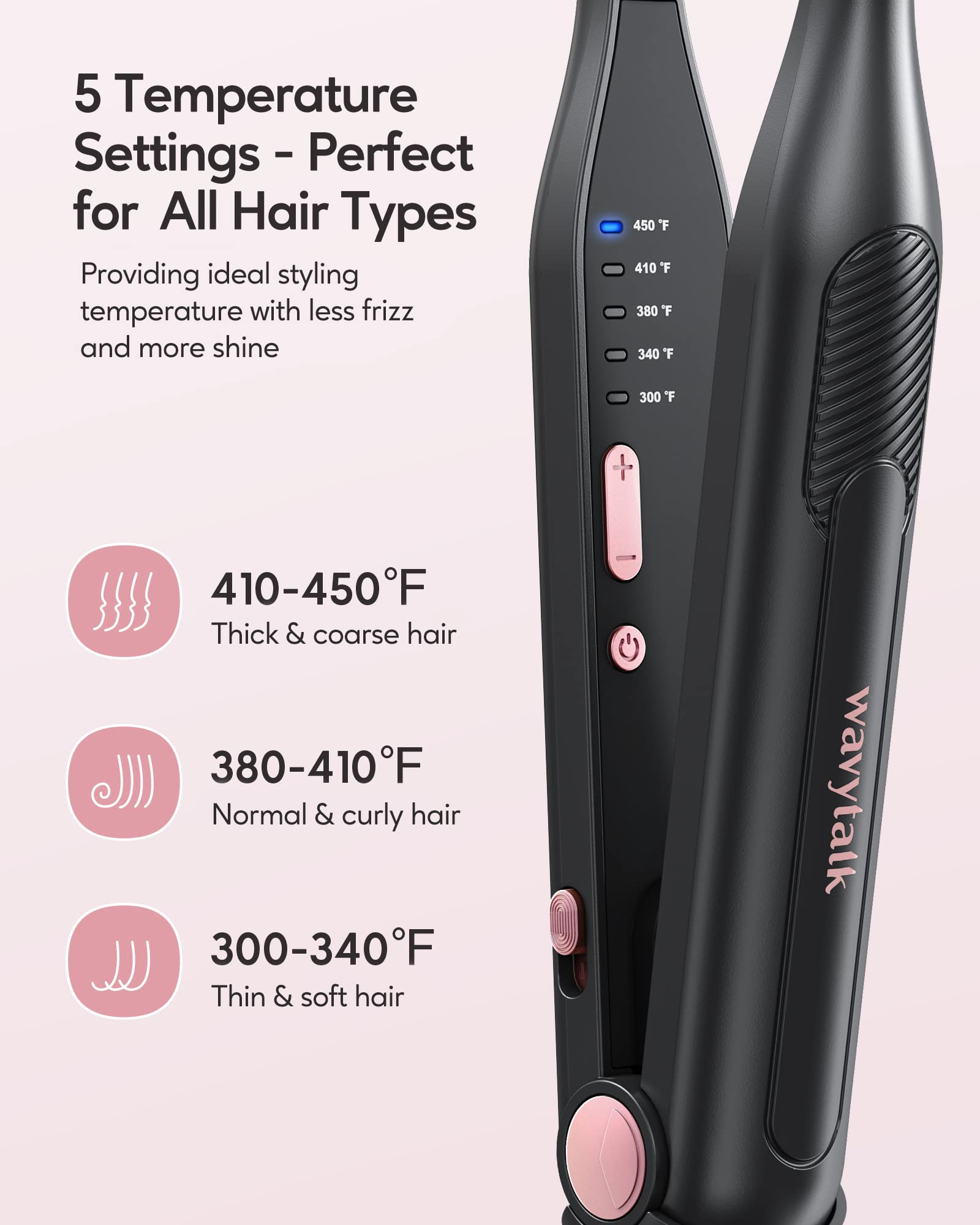 Wavytalk 3/10 Mini Hair Straightener, Bright Rose Gold, Flat Iron for Short Hair, Pixie Cut & Bangs with Anti-Pinch Design