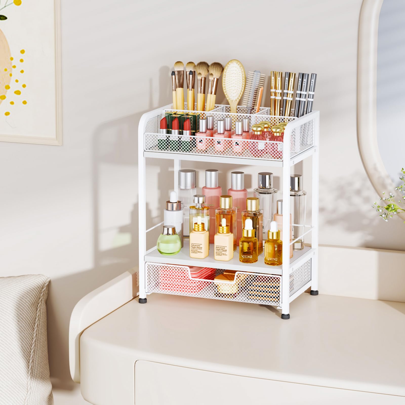 HapiRm Makeup Organizer Countertop with Drawer - Large Capacity Vanity Organizer with Dividers, Bathroom and Bedroom Desk Cosmet