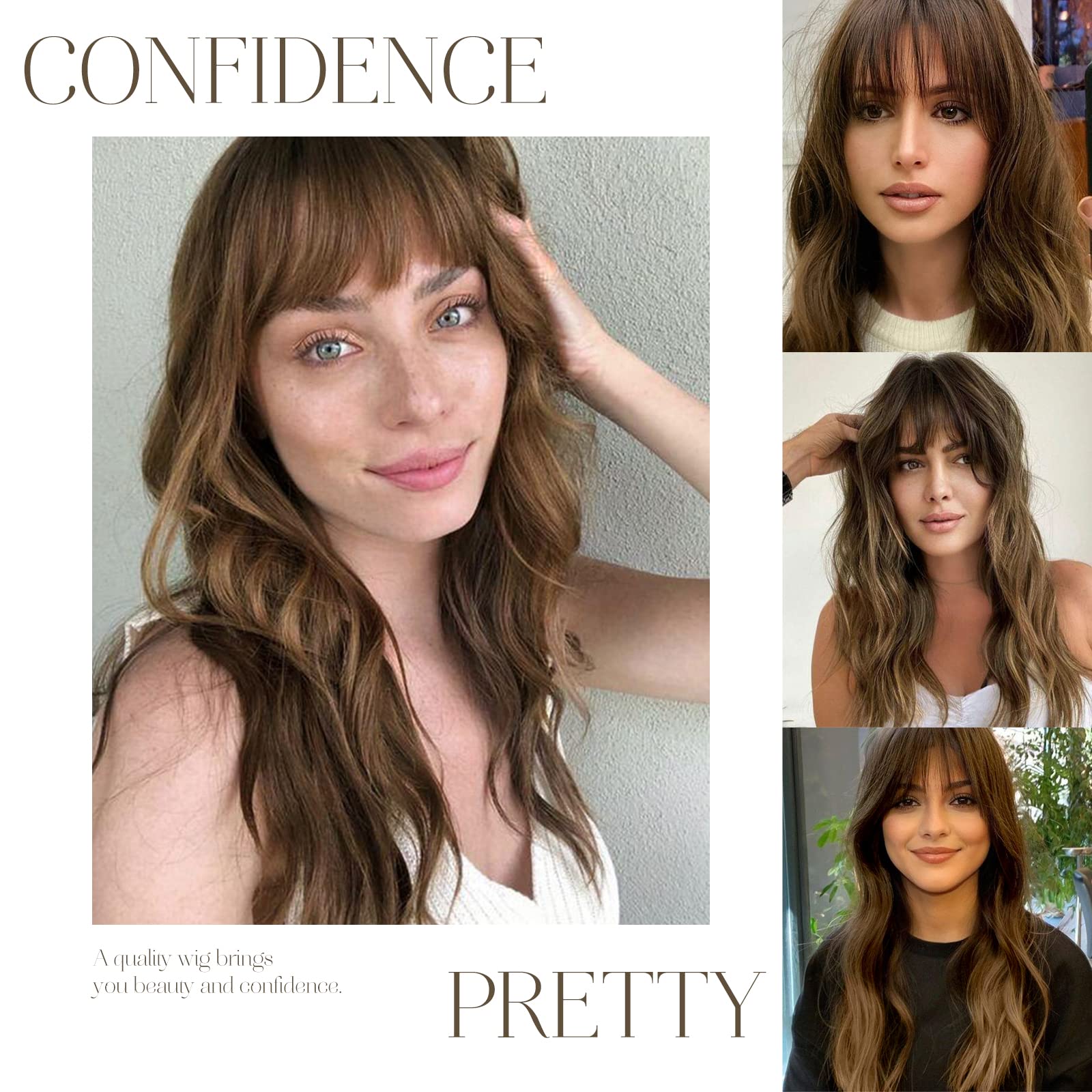 Haircube Long Wave Brown Wigs With Bangs,Ombre Brown Curly Wigs For Women Heat Resistant Synthetic Wigs