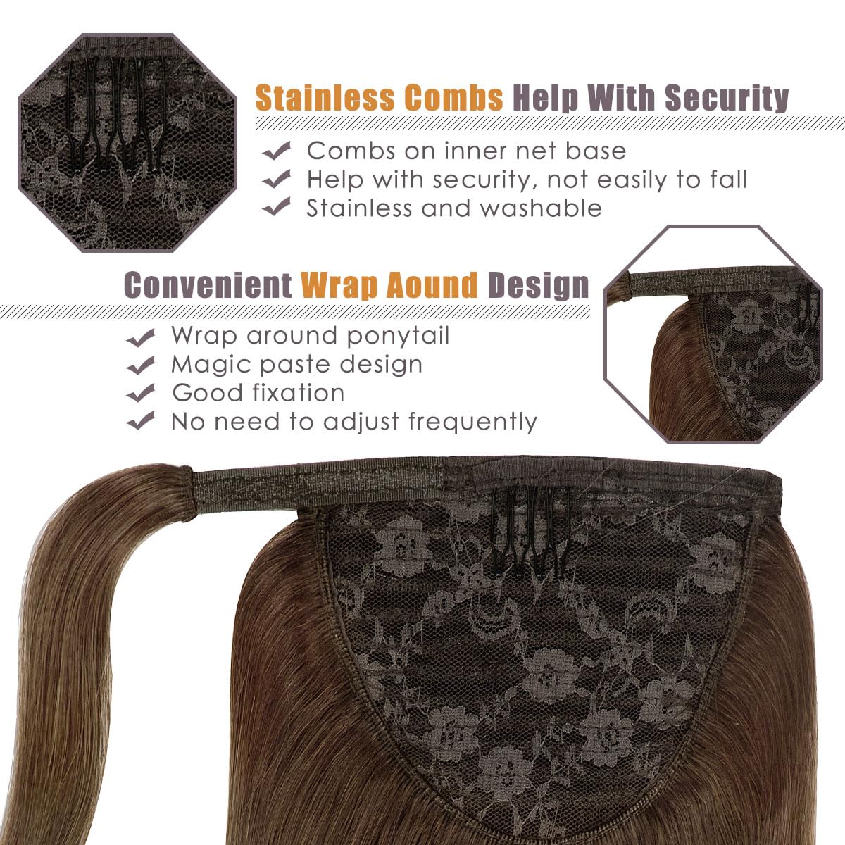 Lacer Remy Human Hair Ponytail Extension Natural Long Straight Wrap Around Ponytail Hair Extension Ombre Dark Brown To Light Bro