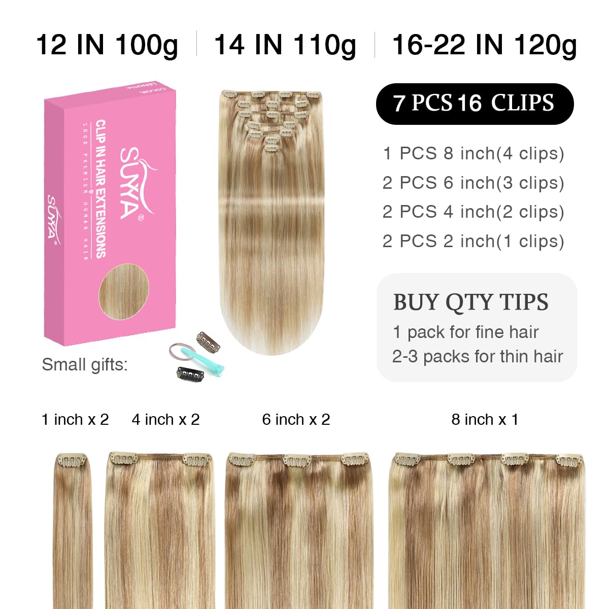 Suyya Clip In Hair Extensions Real Human Hair 16 Inch 120G 7Pcs Clip In Remy Human Hair Extensions Silky Straight Double Weft As