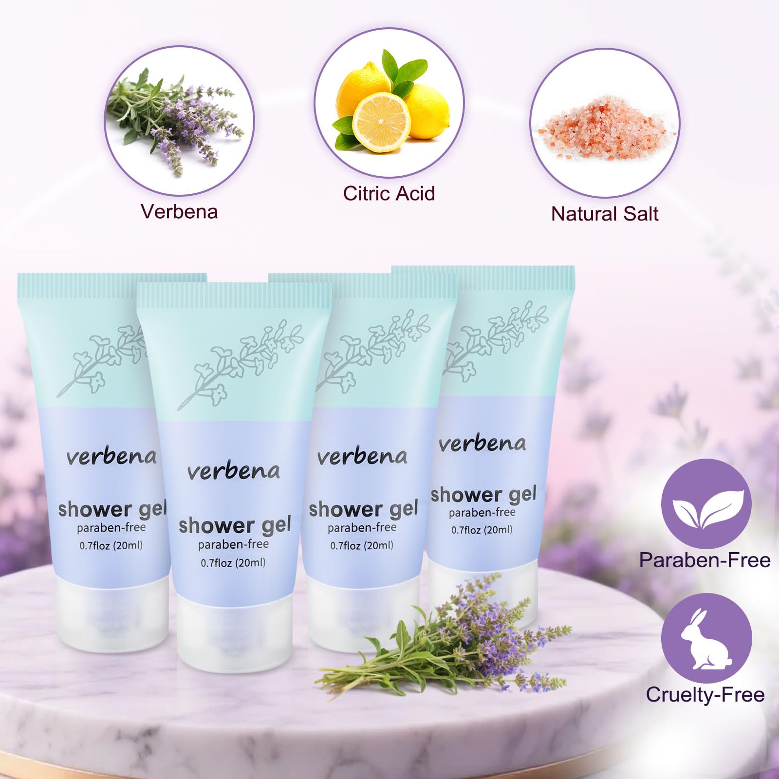 fafortune Travel Size Body Wash Bulk,Verbena Scent,0.7 fl oz (20ml) Small Size Mini body wash,Hotel Supplies Bulk for Guests Air