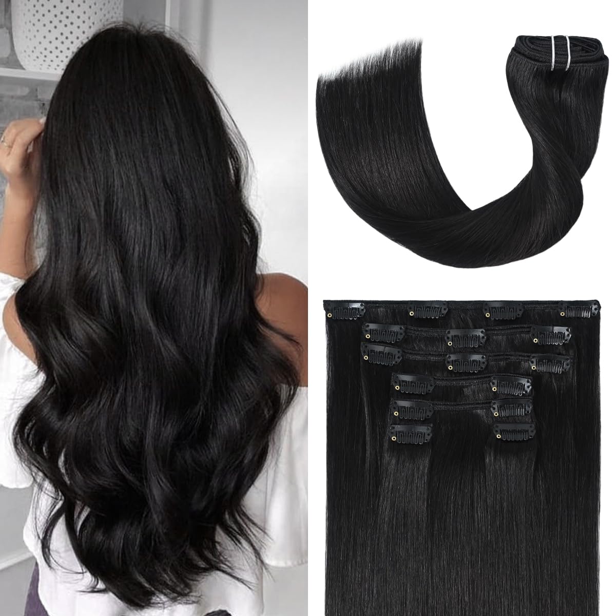 UGOTRAYS Black Hair Extensions Clip in Real Human Hair 70g 15 Inches 100% Remy Human Hair Natural Black Straight Double Weft for