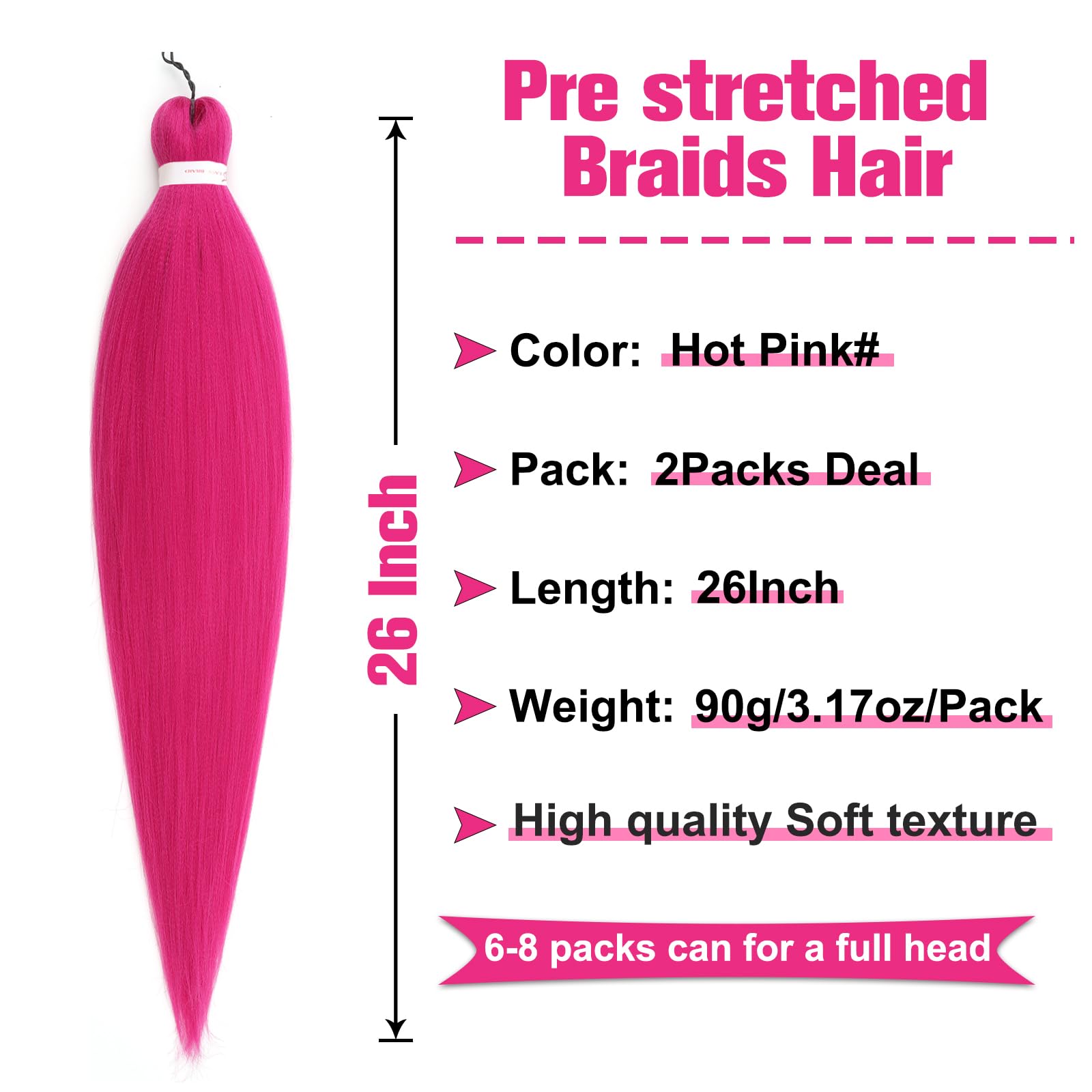 Unionbeauty Hot Pink Pre Stretched Braiding Hair 26 Inch 2 Packs Dark Pink Braiding Hair For Box Braids Yaki Texture Hot Water S