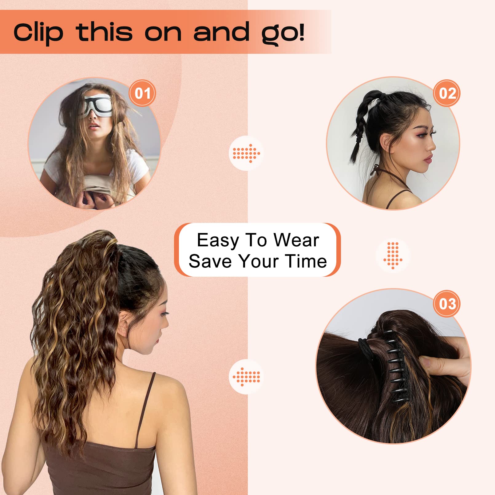 Seikea 18'' Long Claw Highlight Ponytail Extension, Pt002 Tia Multi Layered Hair Wavy Curly Fluffy Thick Jaw Clip In Hair Extens