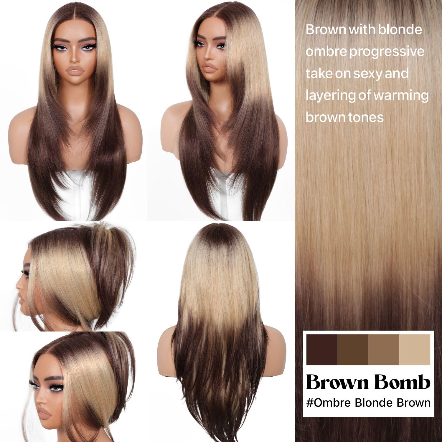 BrownBomb Ombre Blonde Brown Wear and Go Glueless Wigs Pre Plucked Pre Cut for Beginners Synthetic Lace Front Wigs With Bangs Lo