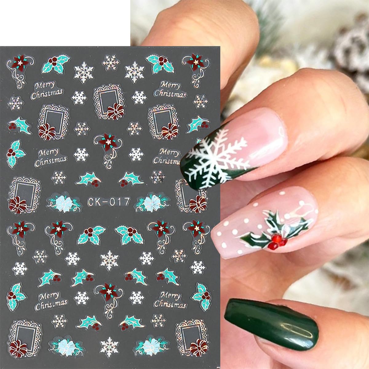 6 Sheets Christmas Nail Art Stickers Luxury Laser Christmas Nail Decals 3D Self-Adhesive Nail Supplies Xmas Tree Snowman Santa S