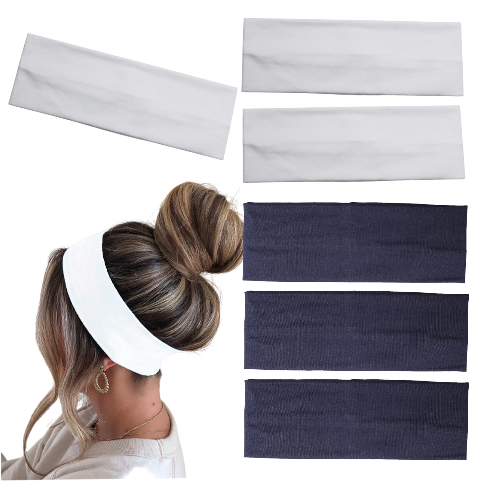 MLMOMVME 6 Pcs Headbands for Women Hair Cotton Headband Non-slip Stretchy Elastic Head Wrap Holder Hair Accessories White Navy B