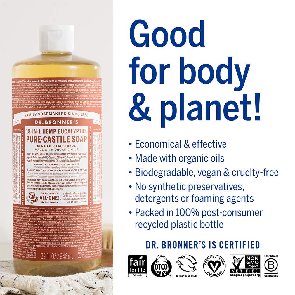 Dr. Bronners - Pure-Castile Liquid Soap (Eucalyptus, 32 Ounce) - Made With Organic Oils, 18-In-1 Uses: Face, Body, Hair, Laundry