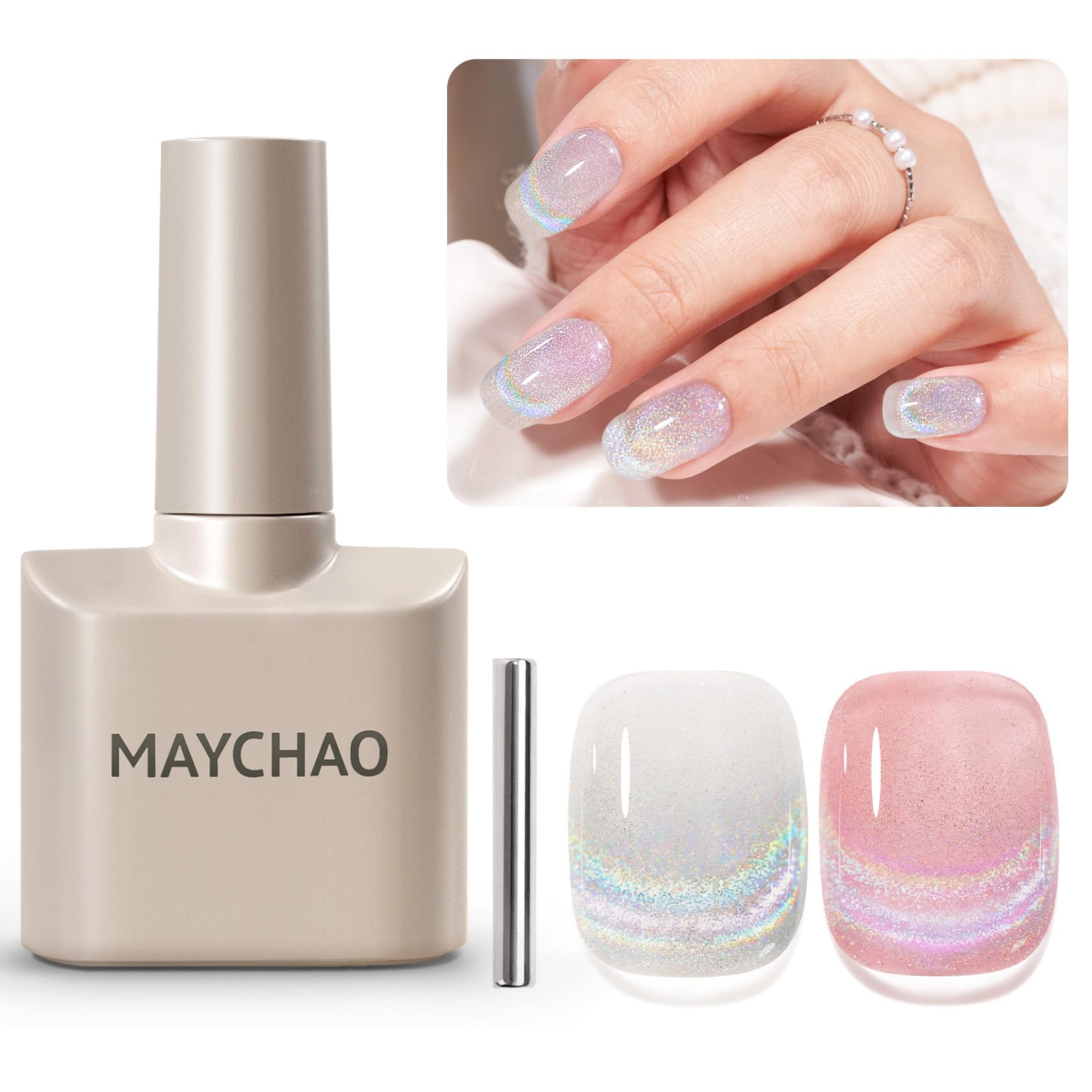 Maychao 15Ml Cat Eye Gel Nail Polish 1Pc Rainbow Cat Eye Nail Polish With Magnet Soak Off Holographic Magnetic Gel Polish For Na