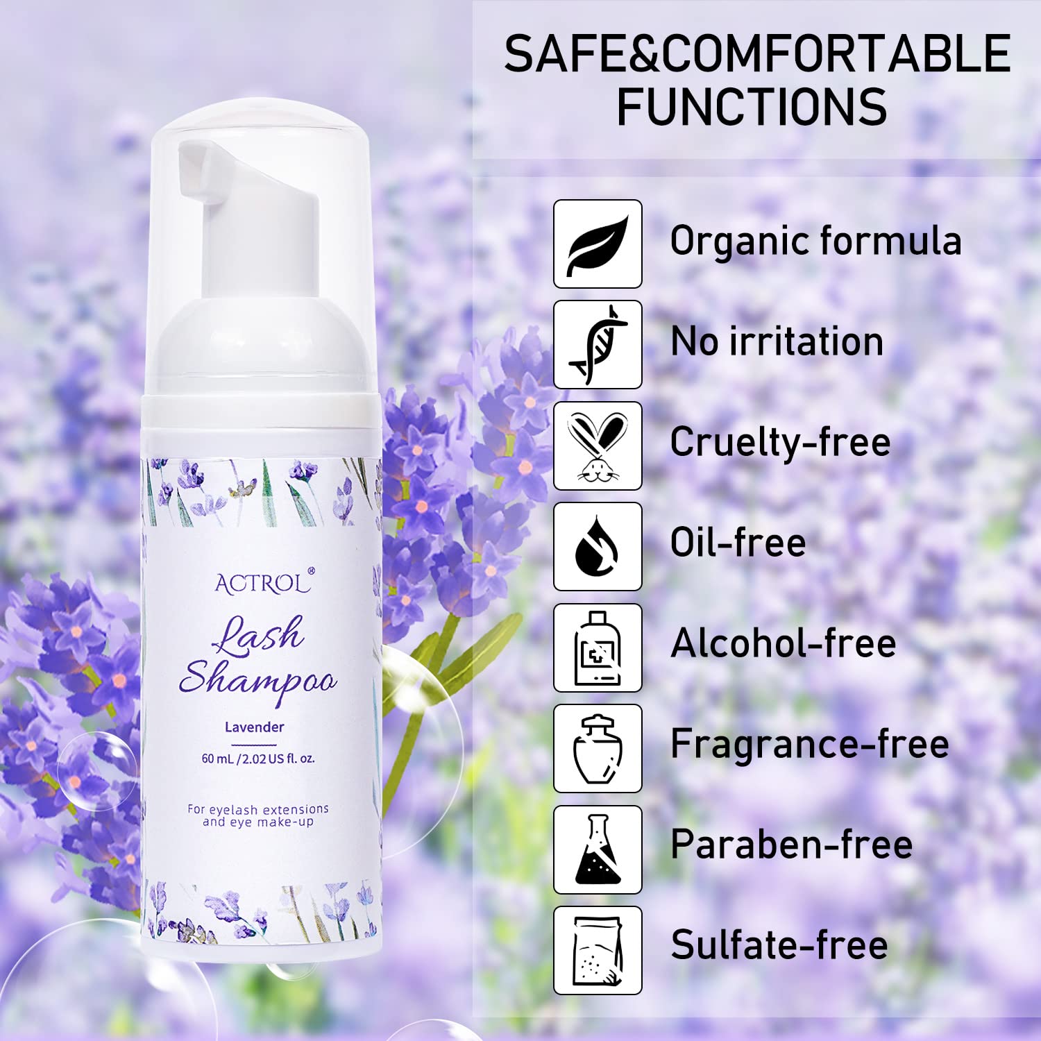 ACTROL Eyelash Extension Cleanser 60ML Natural Lash Extension Shampoo Lavender Professional Eyelid Foaming Cleanser Paraben & Su