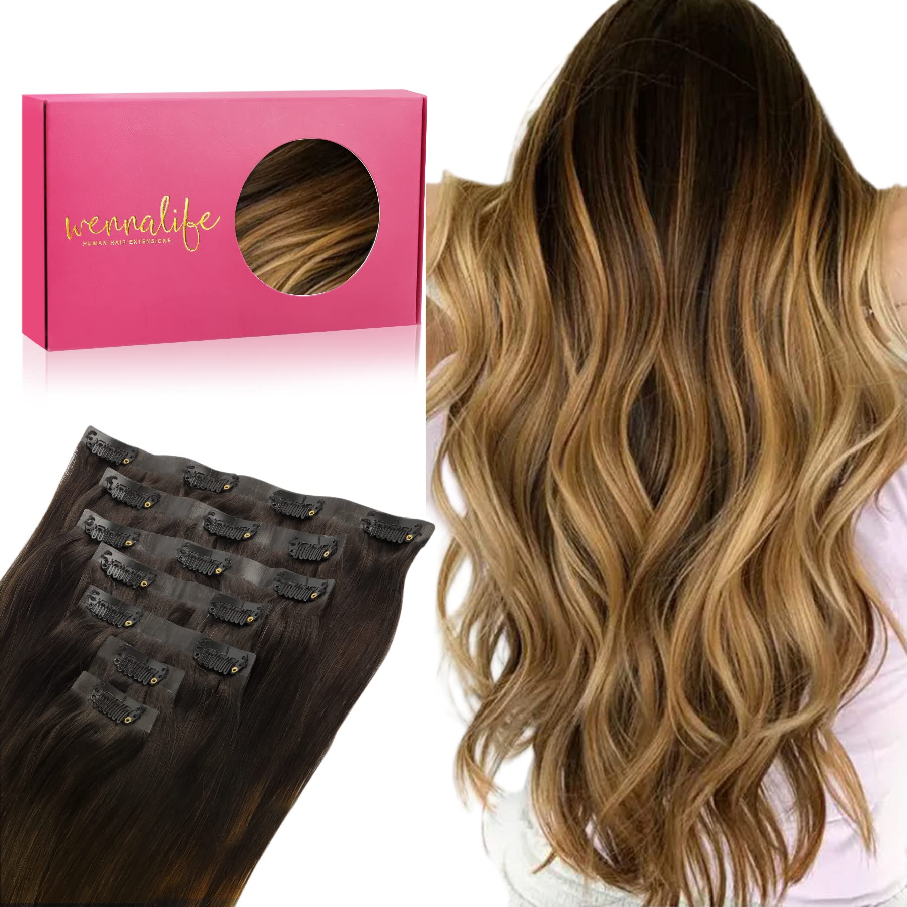 Wennalife Seamless Clip In Hair Extensions, 18 Inch 130G 7Pcs Dark Brown To Chestnut Brown And Dirty Blonde Hair Extensions Clip