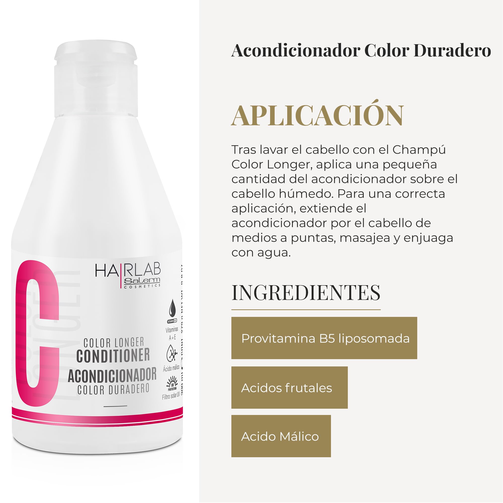 Salerm - Dyed Hair Conditioner - Color Longer Hair Lab - 300 Ml - With Provitamin B5 And Vitamins A And E - Seals And Maintains