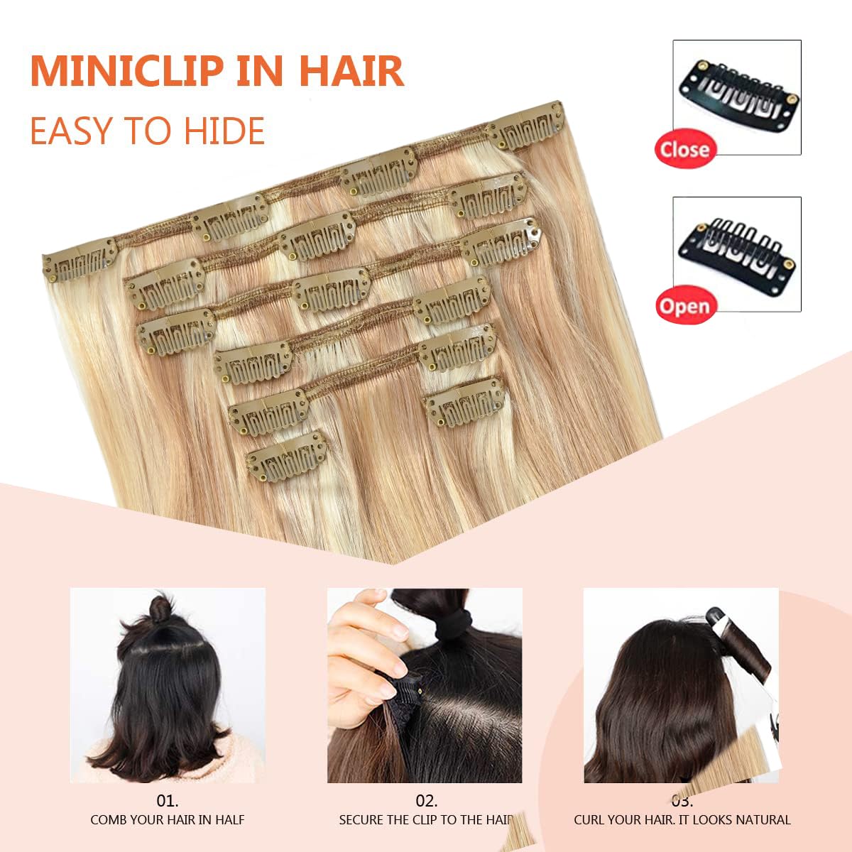 Ugotrays Clip In Hair Extensions Real Human Hair Strawberry Blonde Highlighted Golden Blonde Human Hair Extensions 18 Inch 70G 7