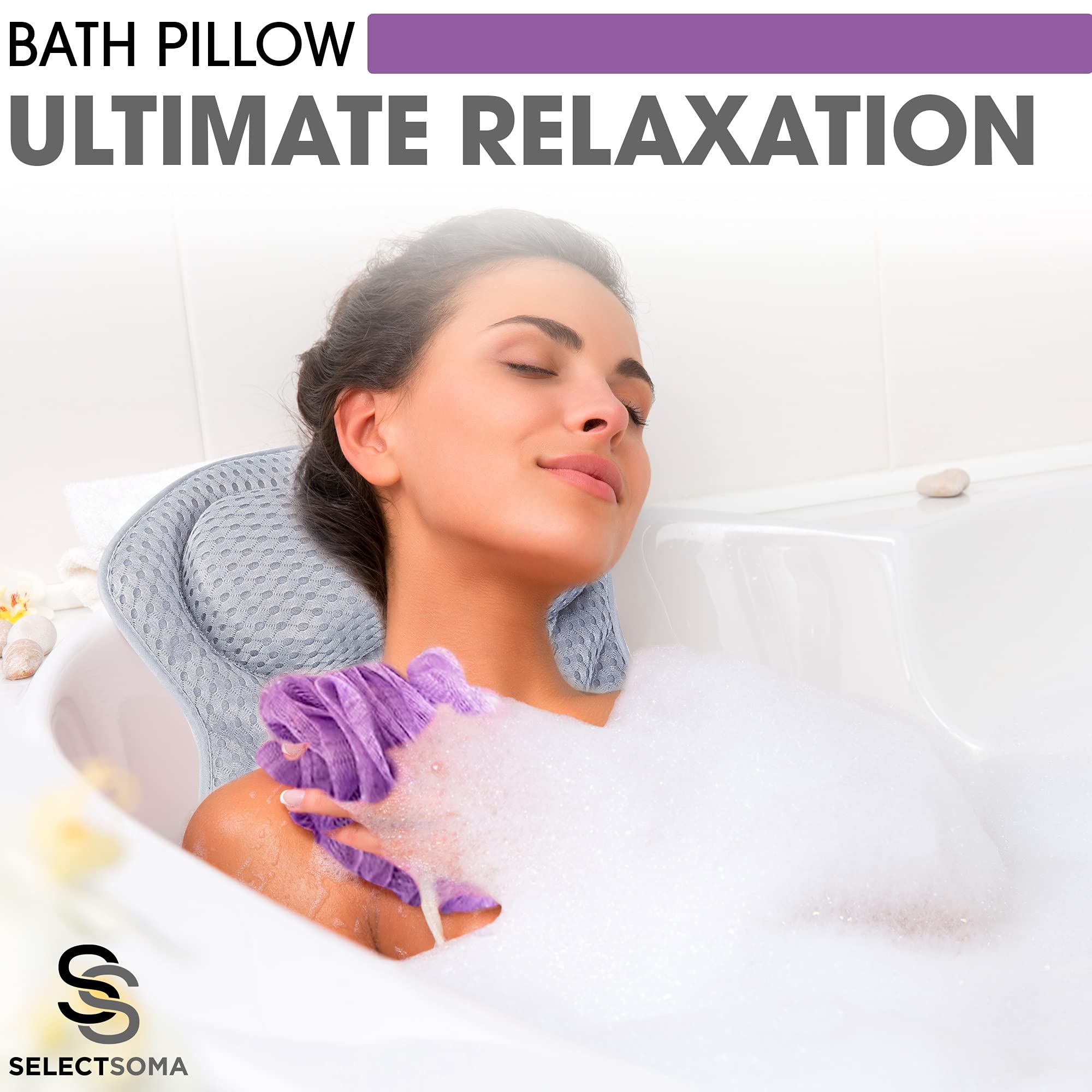 SelectSoma Premium Bath Pillow - Grey 4D Mesh for Head, Neck & Back Support, Quick-Drying with 6 Suction Cups, 1 Count
