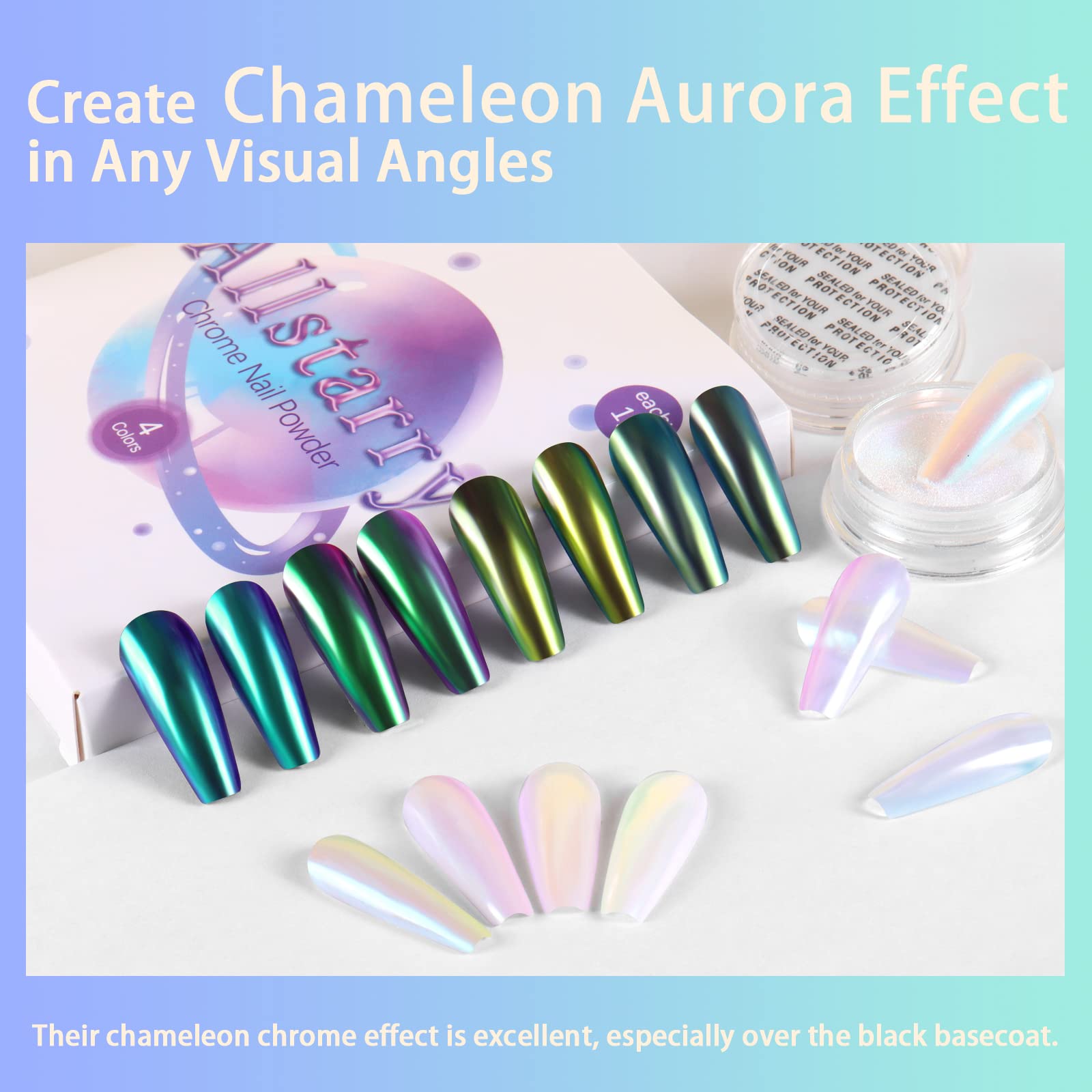 Allstarry White Chrome Nail Powder, 4 Pcs Color-Shift Chameleon Mica Powder Aurora Chrome Effect Glitter Dust Iridescent Pearles