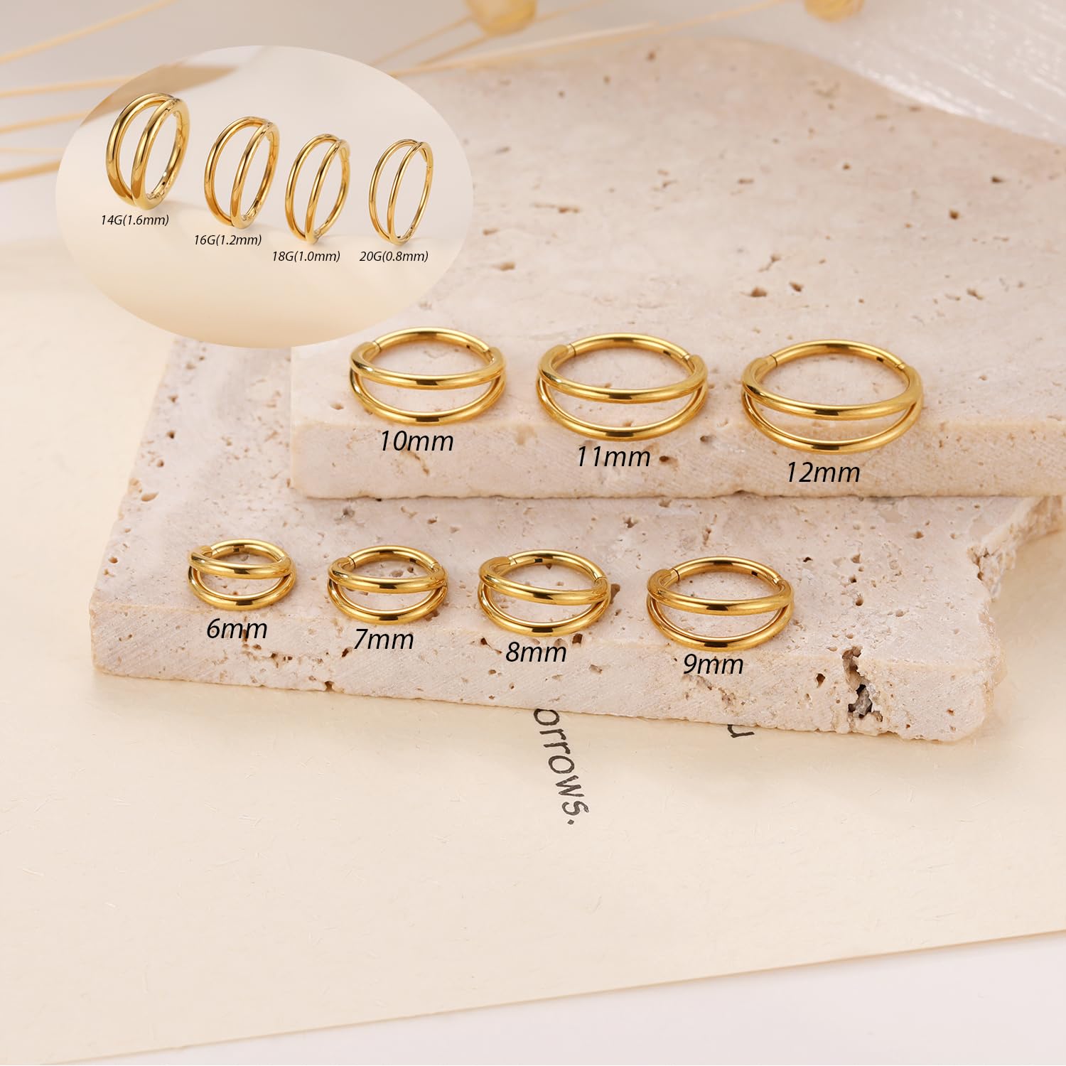 FUNLMO Conch Helix Tragus Rook Daith Nose Ring - Gold Septum, Double Hoop, Cartilage Hoop Earring - 316L Surgical Steel - 16G, 1