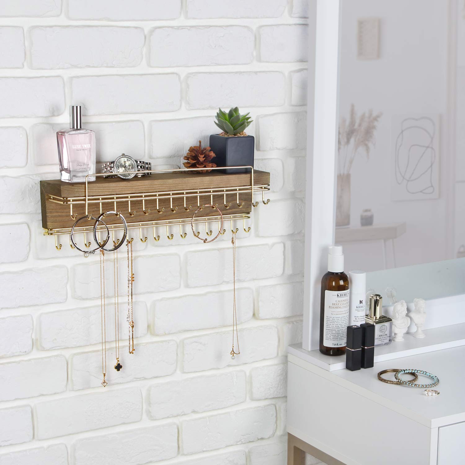 J JACKCUBE DESIGN Rustic Wood Wall Mounted Jewelry Organizer with 30 Gold Metal Hooks Display Shelf Storage for Necklaces, Brace