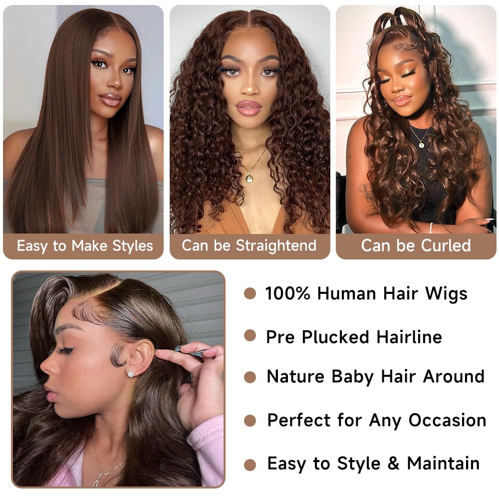 Avolo Chocolate Brown Lace Front Wig Human Hair 13X4 Body Wave Brown Lace Front Wigs Human Hair Pre Plucked 180 Density 4# Color