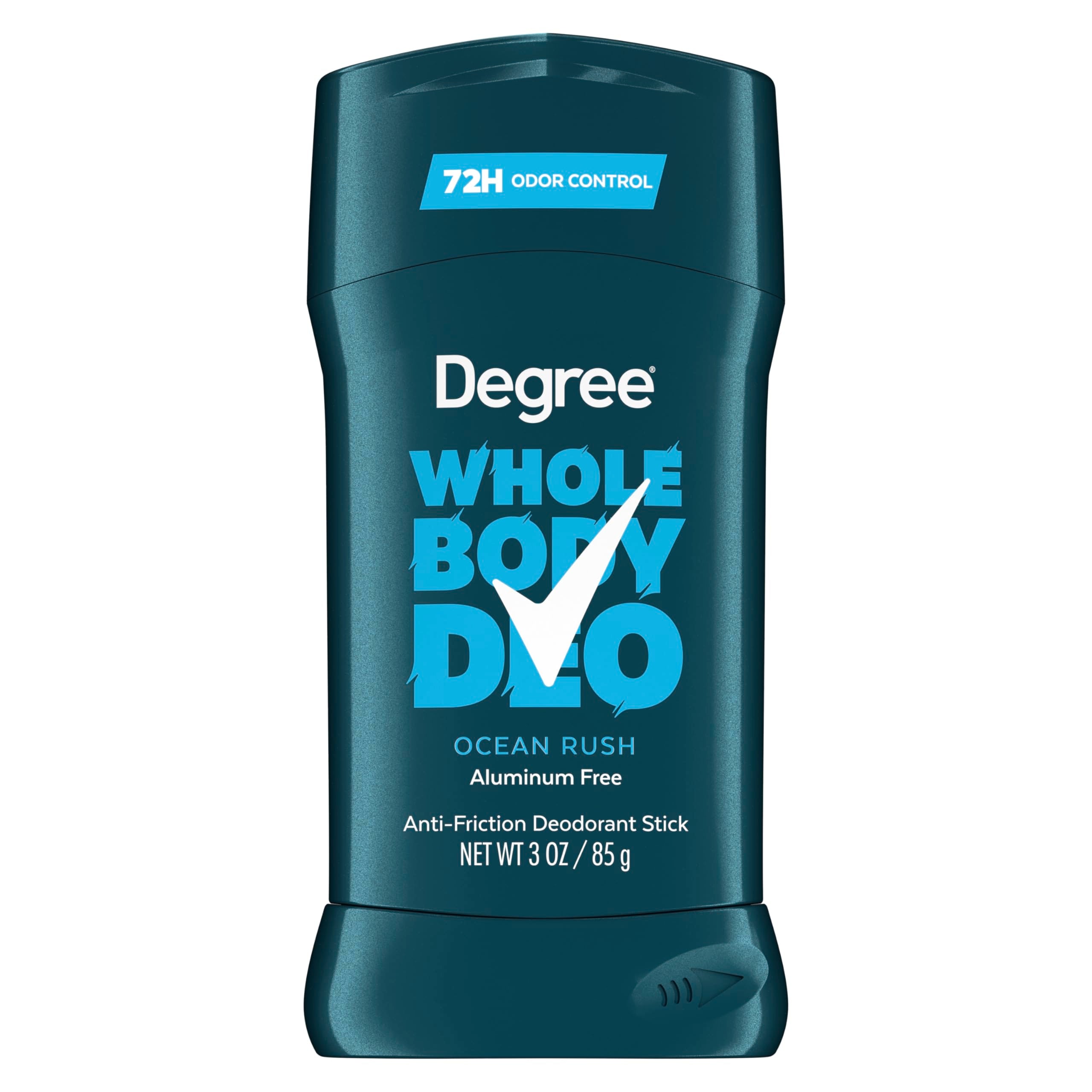 Degree Men Whole Body Deodorant Stick, Glides on Clear + Absorbs Sweat, Ocean Rush Scent, Aluminum Free 72H Odor Protection 3 oz