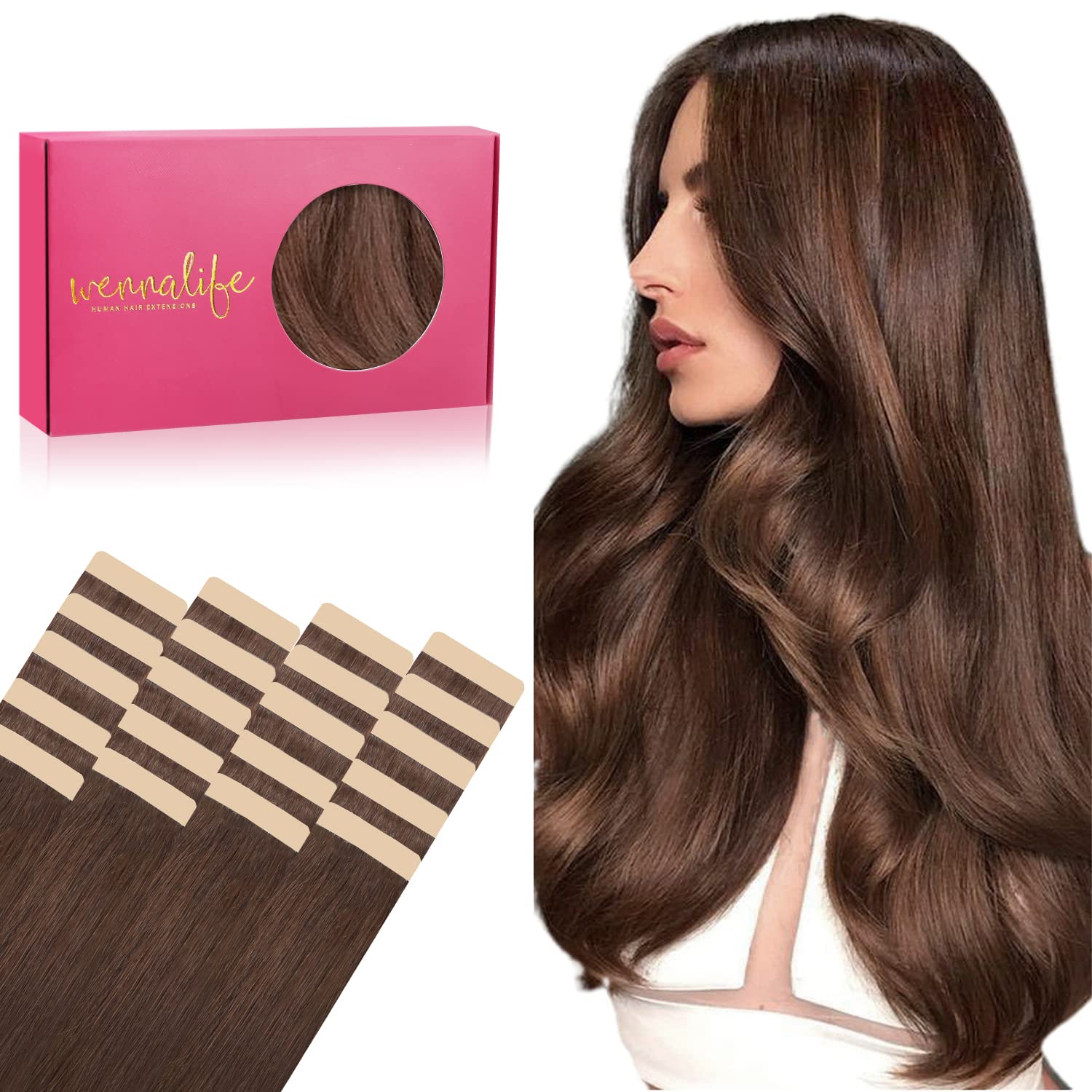 Wennalife Tape In Hair Extensions Human Hair, 20Pcs 50G 16 Inch Chocolate Brown Remy Hair Extensions Straight Human Hair Tape In