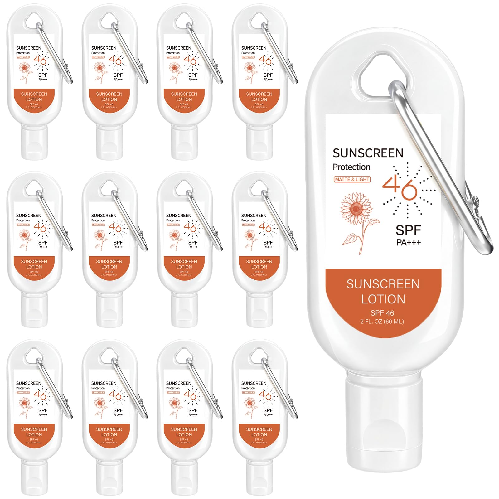 Leelosp 12 Pcs Mini Sunscreen Keychain Bulk SPF 46 with Carabiner, 2oz