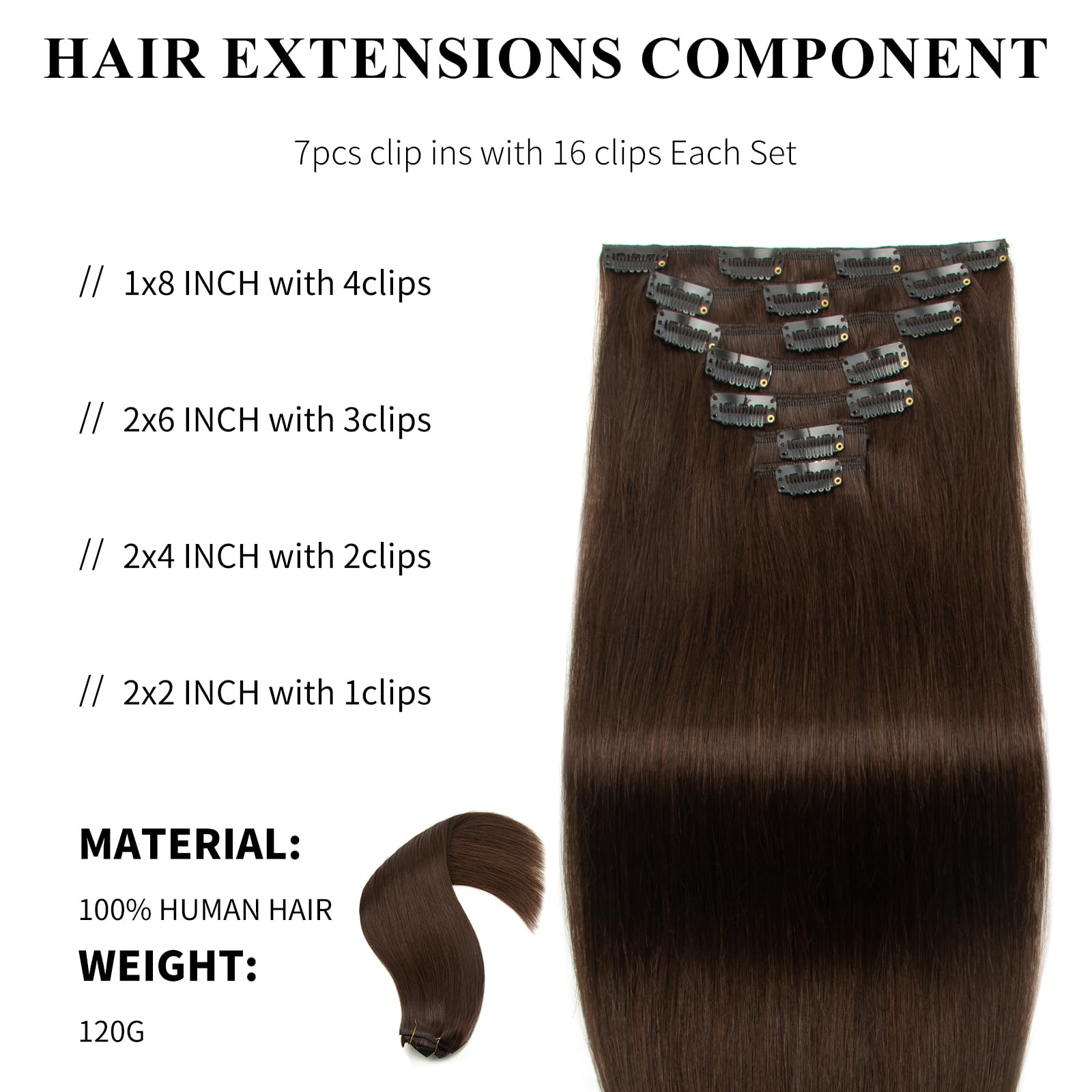 Moucyo Clip In Hair Extensions 7Pcs/120G, 100% Remy Clip In Hair Extensions Real Human Hair 14 Inch, 16Clips Seamless Clip In Ha