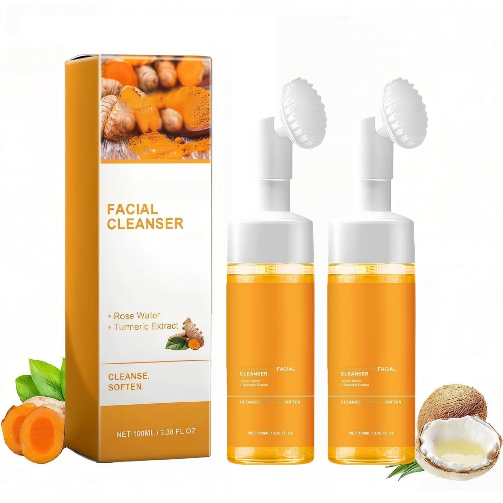2 Pcs Turmeric Brightening Facial Cleanser, Deep Cleansing Skin Care Glow Wash Turmeric Foaming Face Wash with Brush.