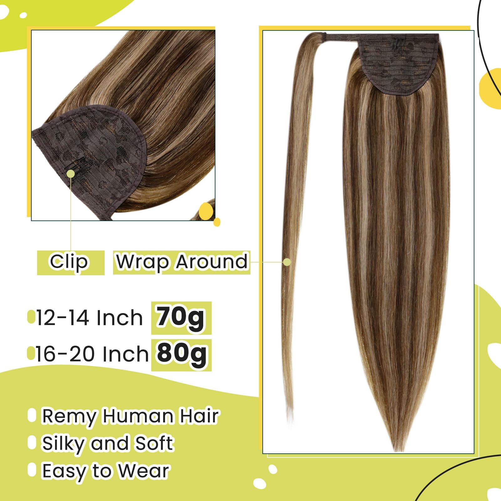 Runature Brown Ponytail Human Hair Extensions Short Real Hair Ponytail Extension 14 Inch Walnut Brown Highlight Dark Blonde Stra