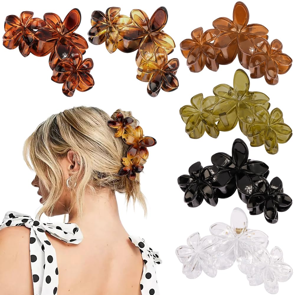 Ahoney 6PCS Hibiscus Flower Hair Clips for Women Strong Hold Nonslip Large Big Flower Claw Clip for Thick Hair, Hawaiian Hair Cl