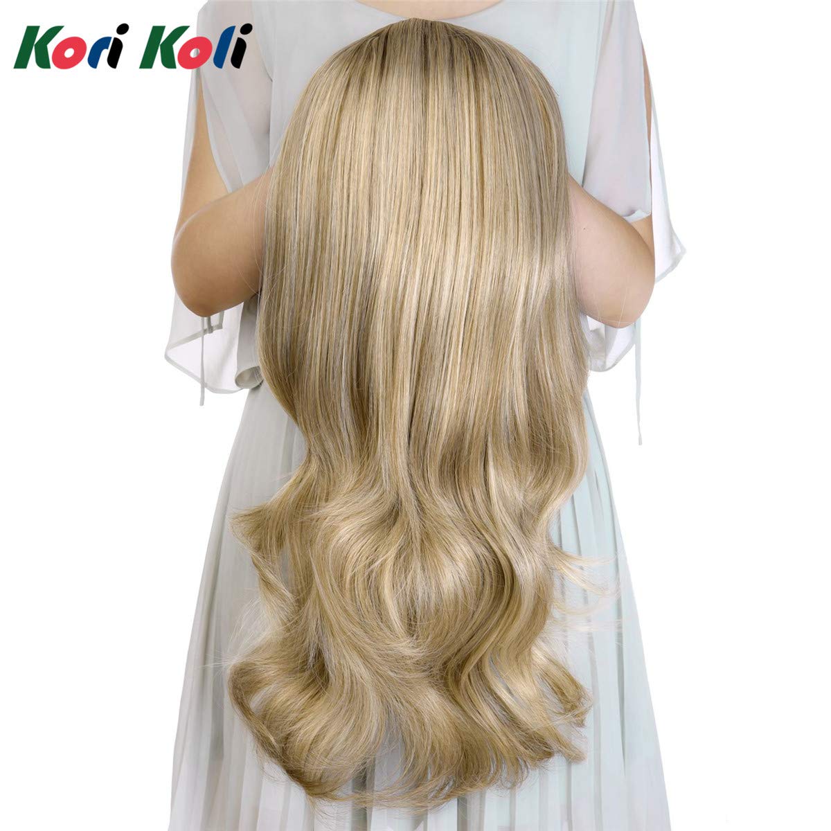 24'' Long Straight Wavy Clip in Half Head Tied Wig Blonde Synthetic Hair Extensions For Women 210g 8-22#