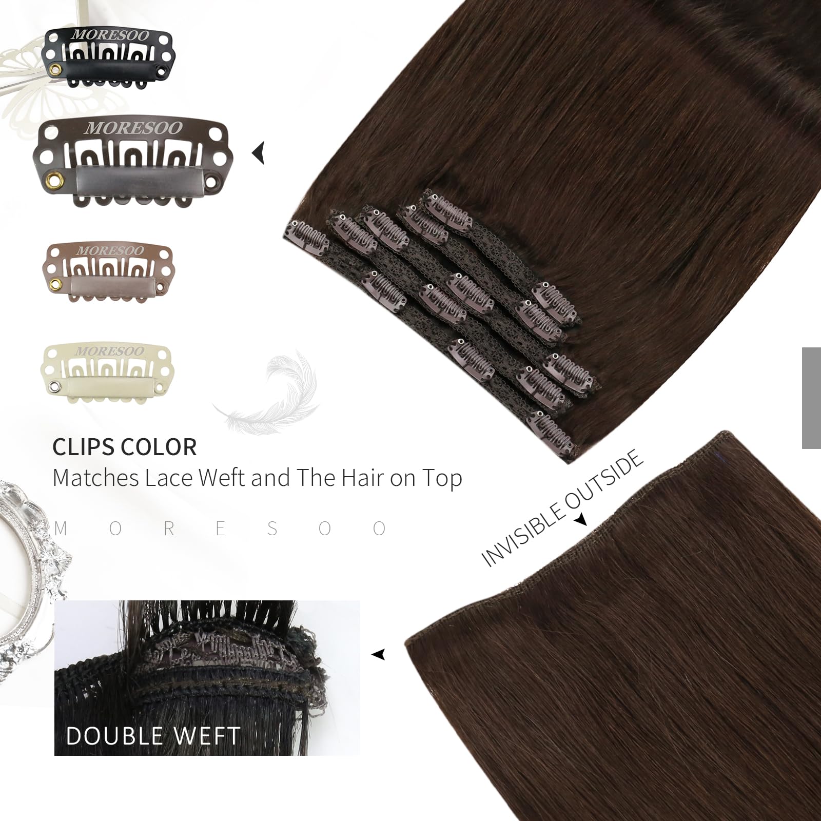 Moresoo Clip In Hair Extensions Human Hair Dark Brown Remy Hair Extensions Clip In Human Hair Double Weft Clip On Hair Extension