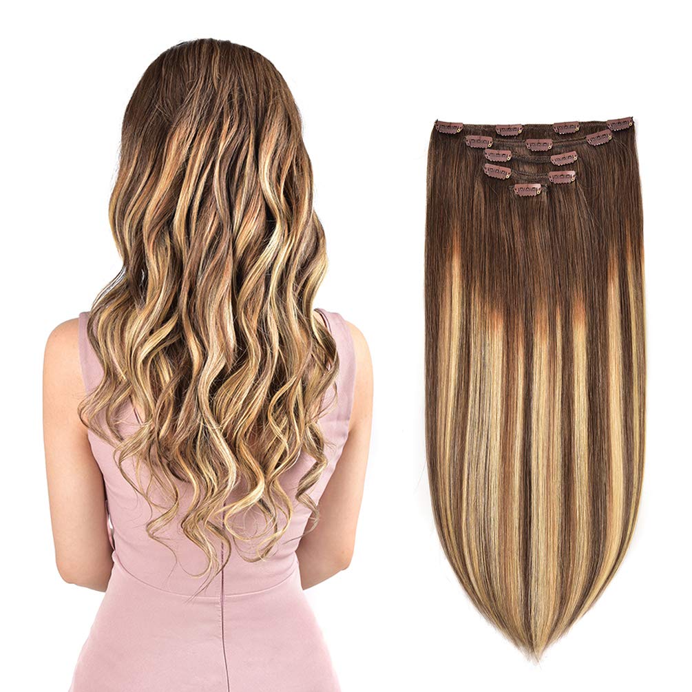 5 Pieces 18'' Remy Clip in Hair Extensions Human Hair Light Brown to Dirty Blonde Highlight Brown Ombre - Silky Straight Short T