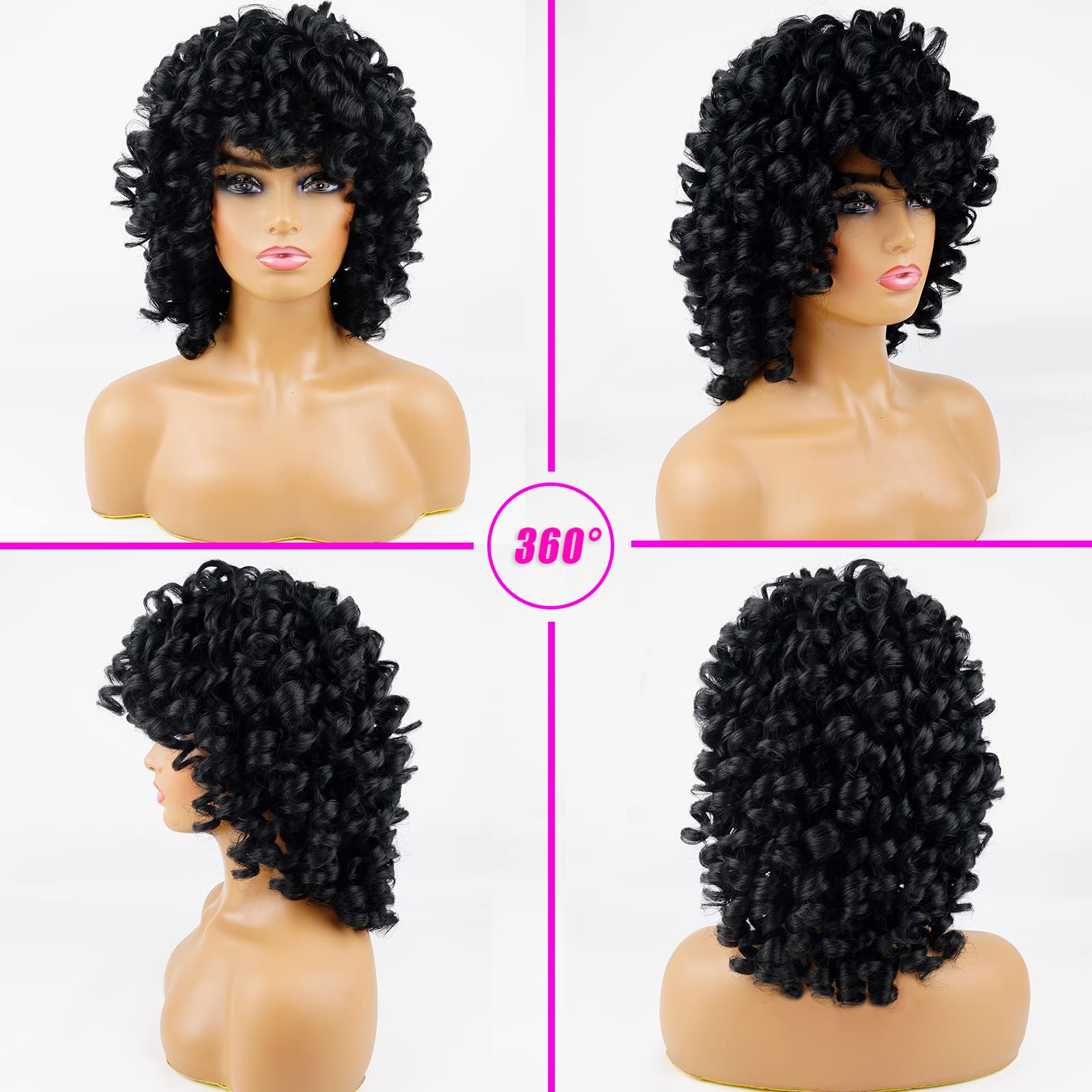 andromeda Short Curly Wigs for Black Women Soft Black Curly Wig with Bangs Fluffy Curls Synthetic Hair Wig Loose Curly African A