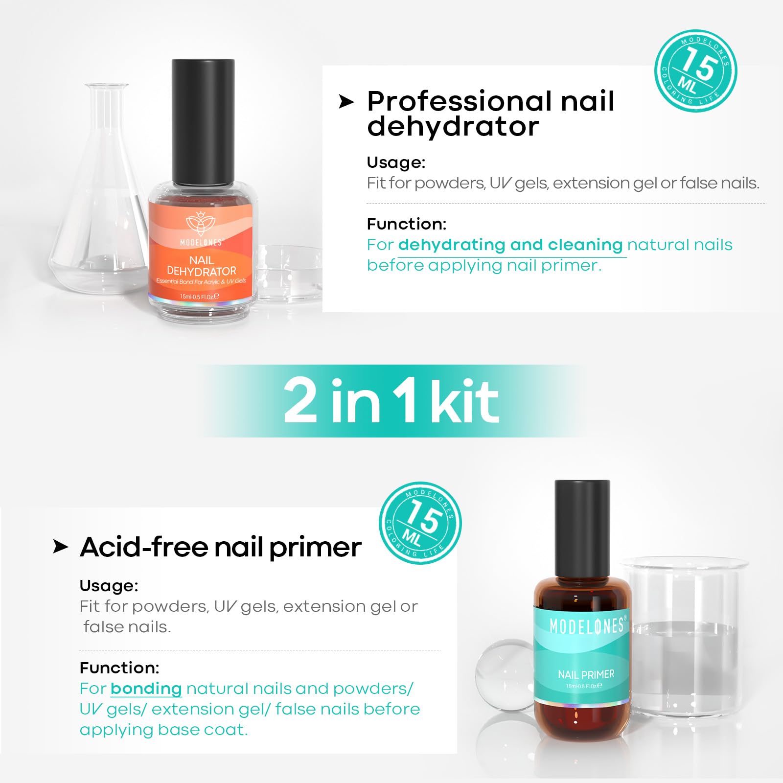 Modelones 4Pcs Nail Dehydrator And Primer, Acid Free Natural Nail Prep Dehydrate &Amp; Bond Primer, Bonding Primer For Acrylic P