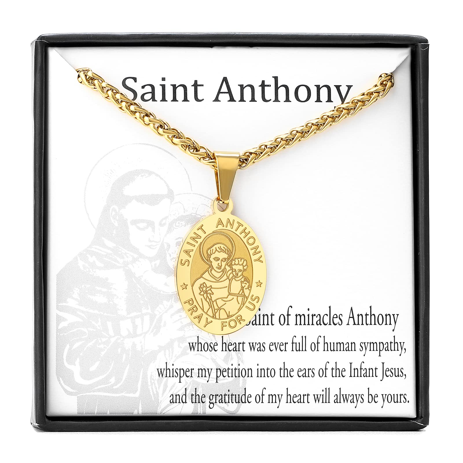 Zocomi 14K Gold Plated Saint St Anthony Medal Necklace for Men Boys, St. Anthony Pendant Chain Jewelry Catholic Christian Religi
