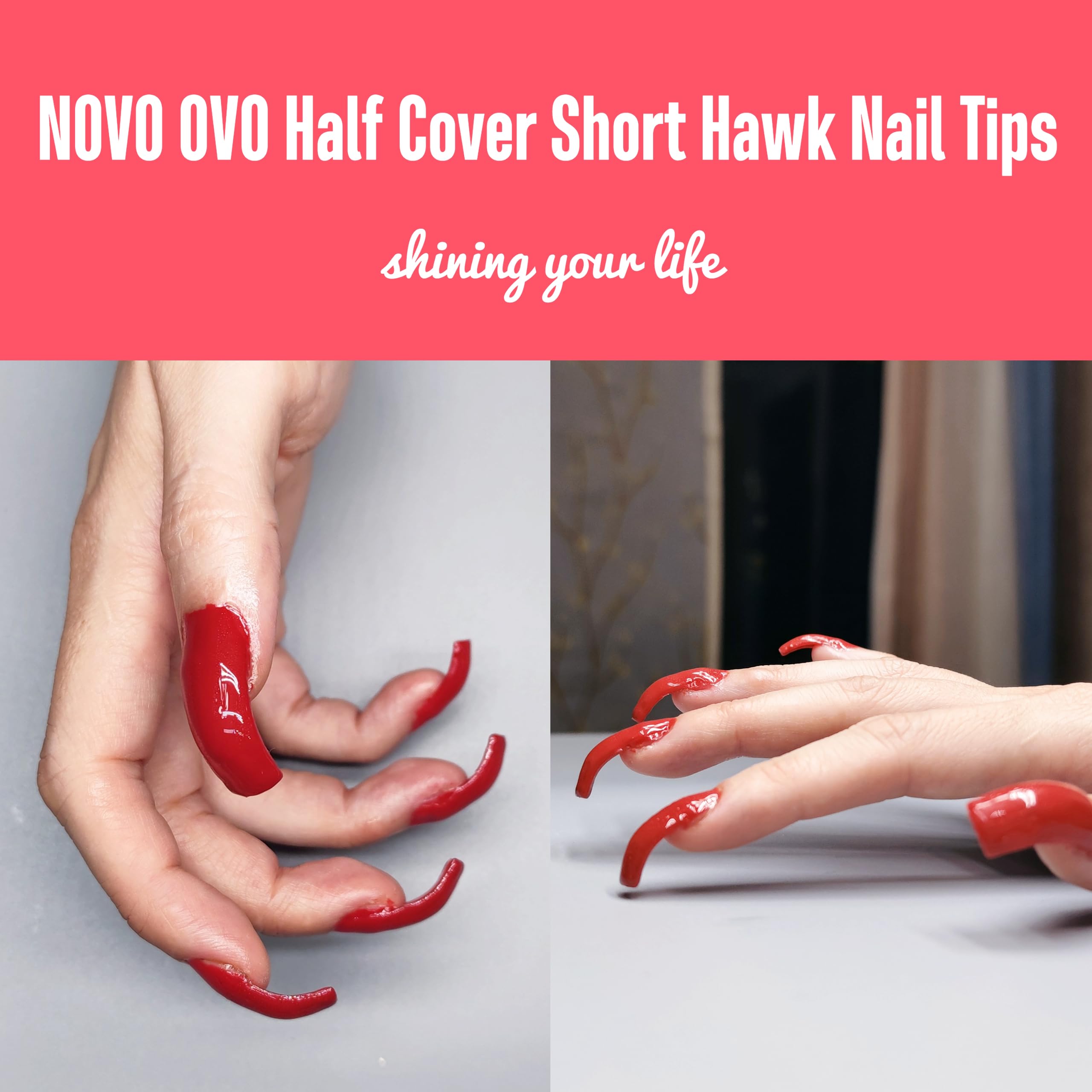 NOVO OVO 500 pcs Hawk Curved Transparent Clear Cystal Extra Super Extreme Deep Curve Half Cover Short Square Tapered Eagle Claw