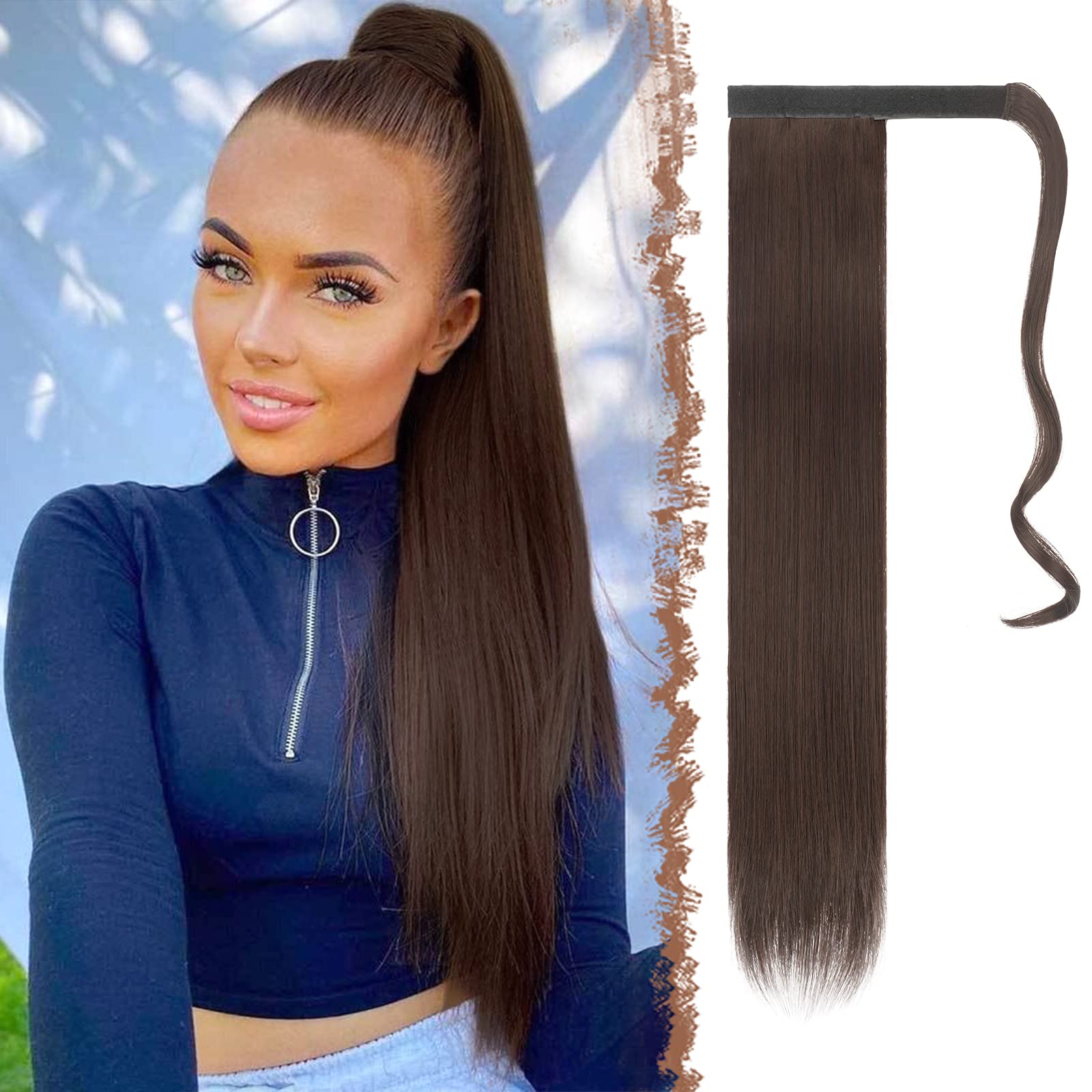Feshfen Straight Long Ponytail Extensions 24 Inch Wrap Around Synthetic Reddish Dark Brown Ponytails Hair Piece Pony Tail Hair E