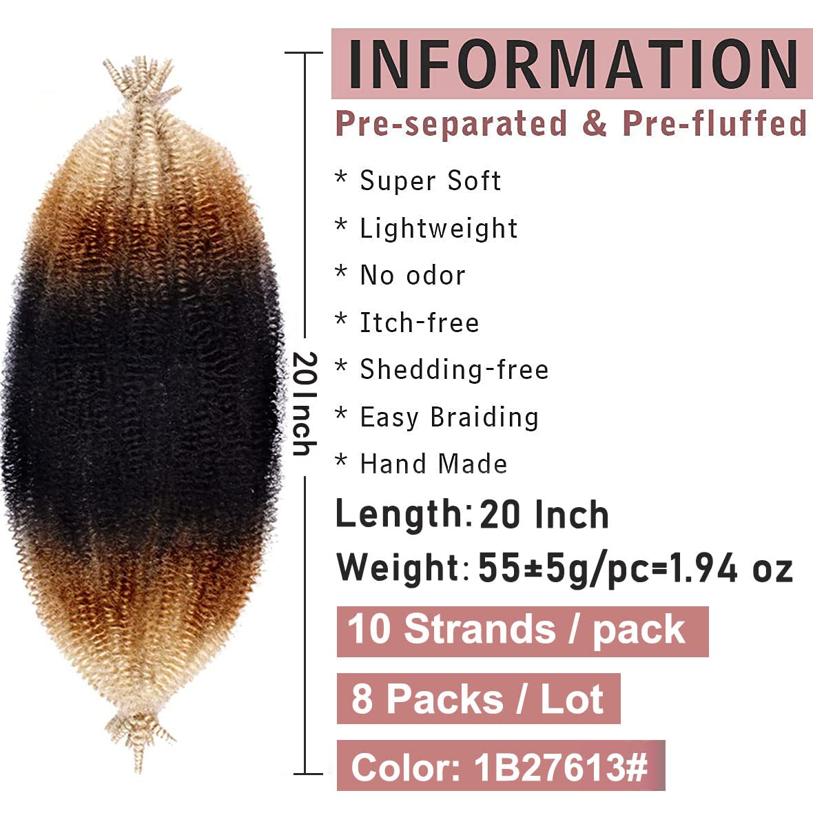 8 Packs Pre-Separated Springy Afro Twist Hair 20 Inch 3 Tones Spring Twist Hair For Distressed Soft Locs Marley Twist Braiding H