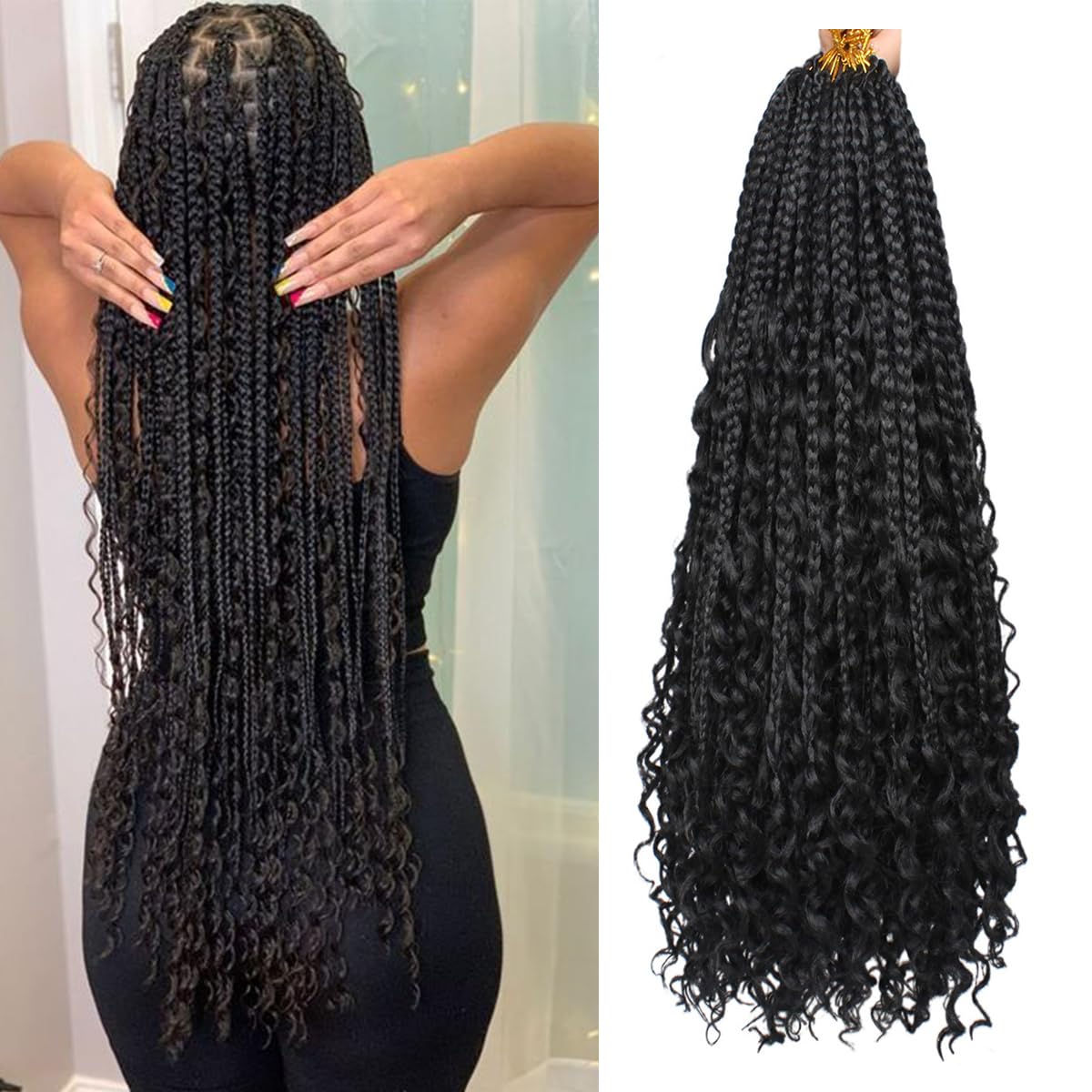 COOKOO 24 Inch Goddess Box Braids Crochet Hair for Black Women 8 Pack Bohemian Hippie Box Braids Pre-looped Crochet Hair With Cu